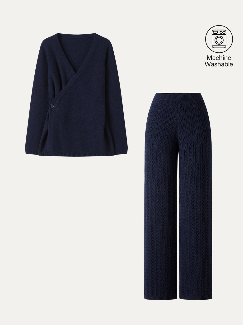 2Pcs Set V-Neck Long Sleeve Wrap Sweater & Cable-Knit Wide-Leg Pants with Pockets