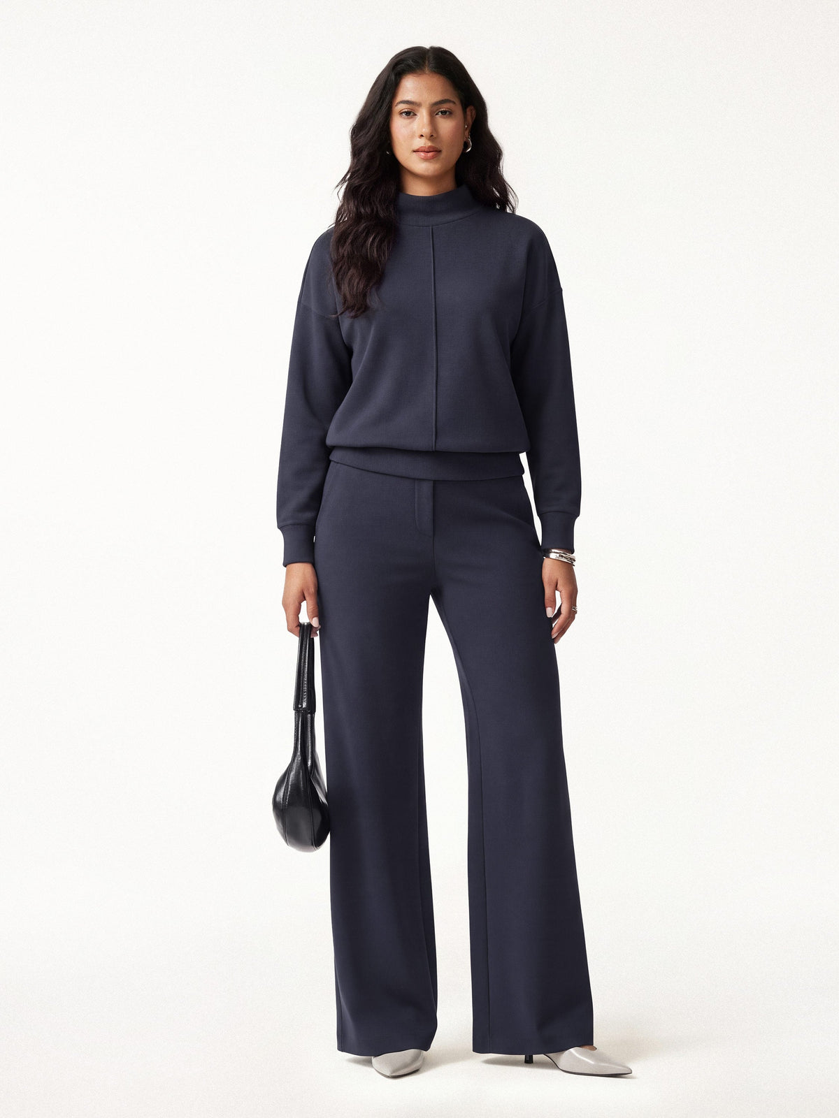 2Pcs Set Mockneck Long Sleeve Shirt & High-Rise Wide Leg Pants with Pockets