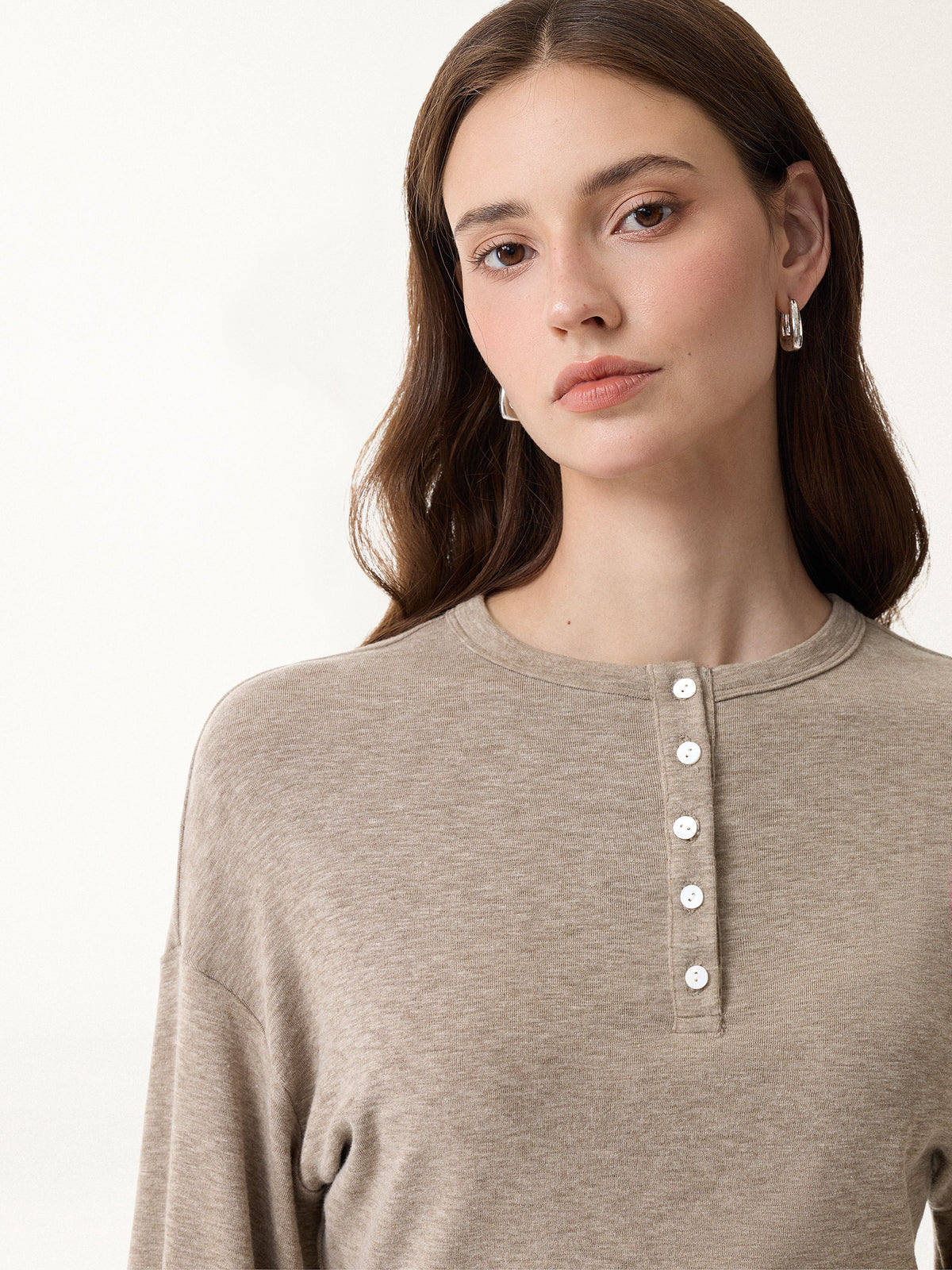 LiteWarm Slub Ribbed Henley Neck Batwing Sleeve Close-Fit Hem Top