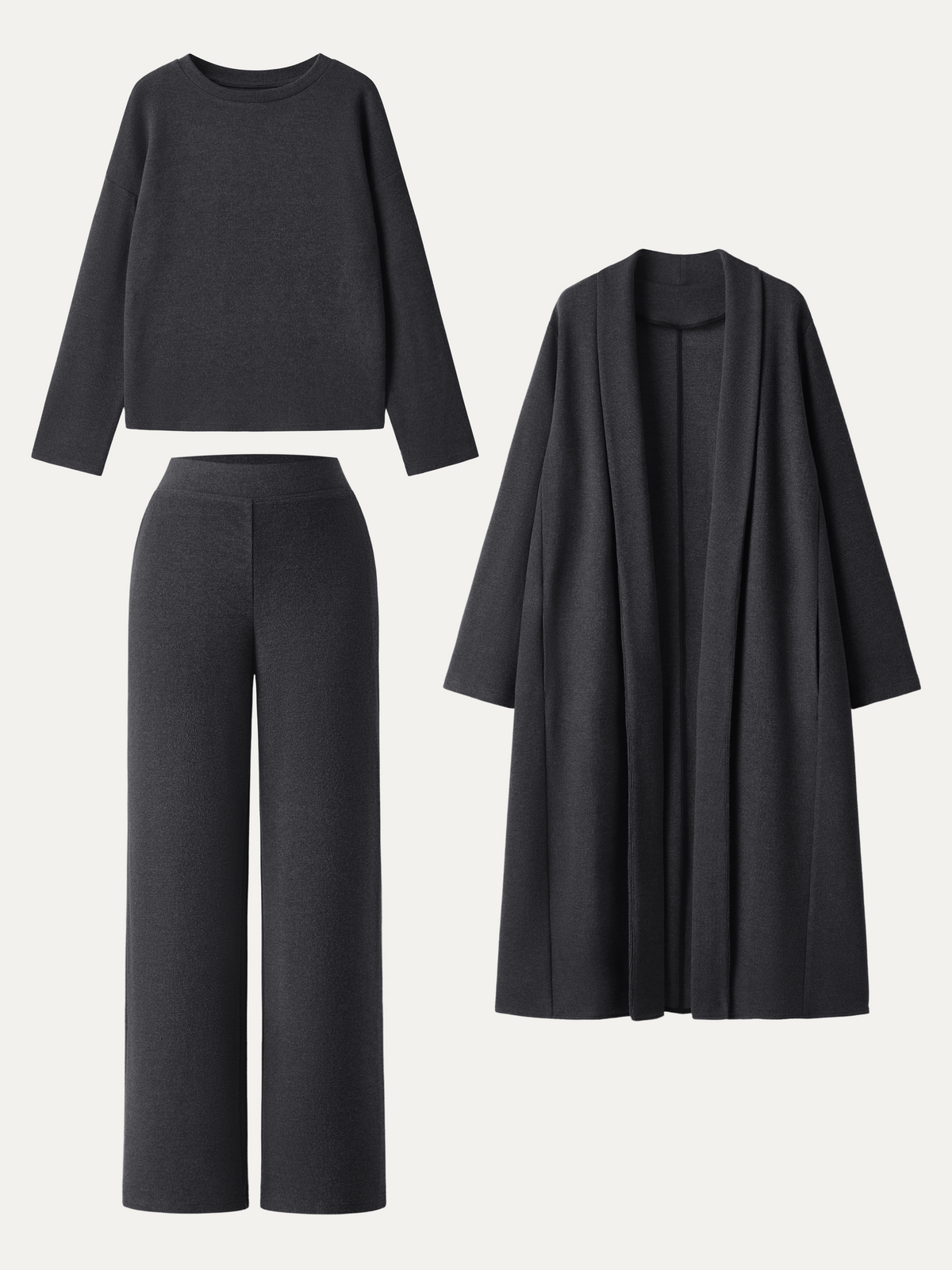 3Pcs Set Long Sleeve Midi Cardigan with Pockets & Boatneck Long Sleeve Top & Wide-Leg Pants with Pockets