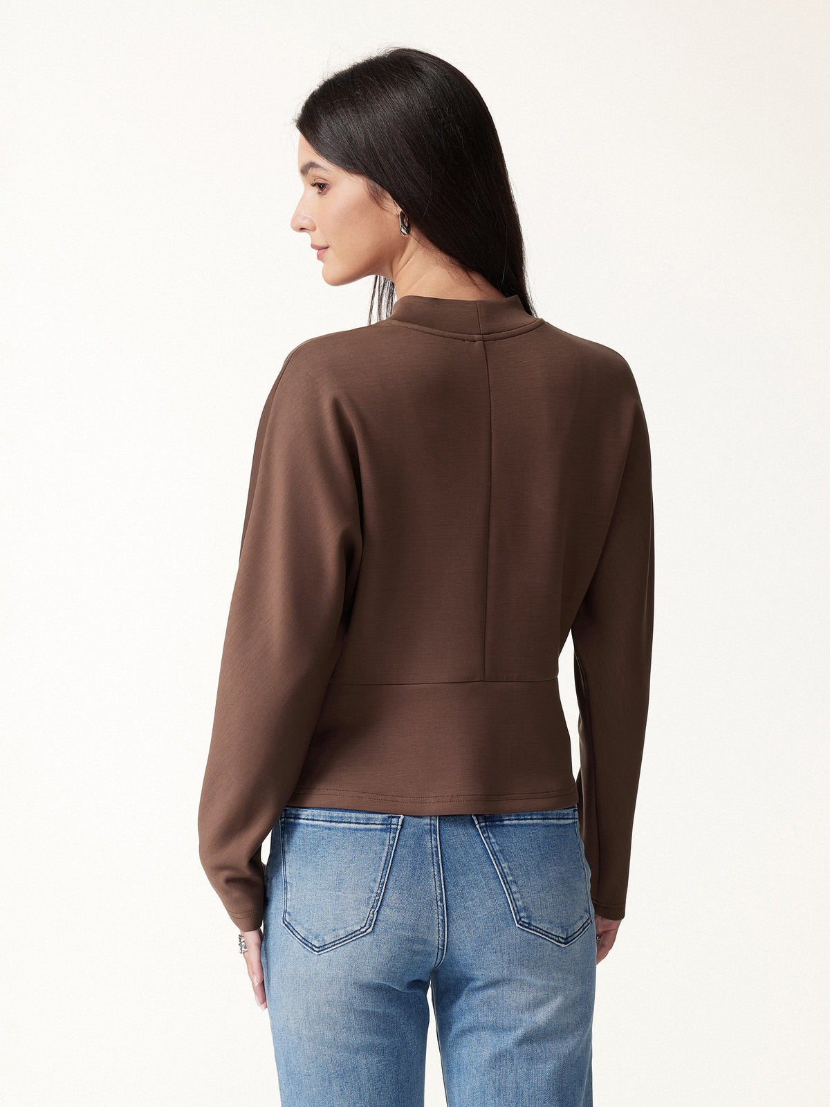Modal Spacer Knit Mock Neck Batwing Sleeve Banded Hem Top
