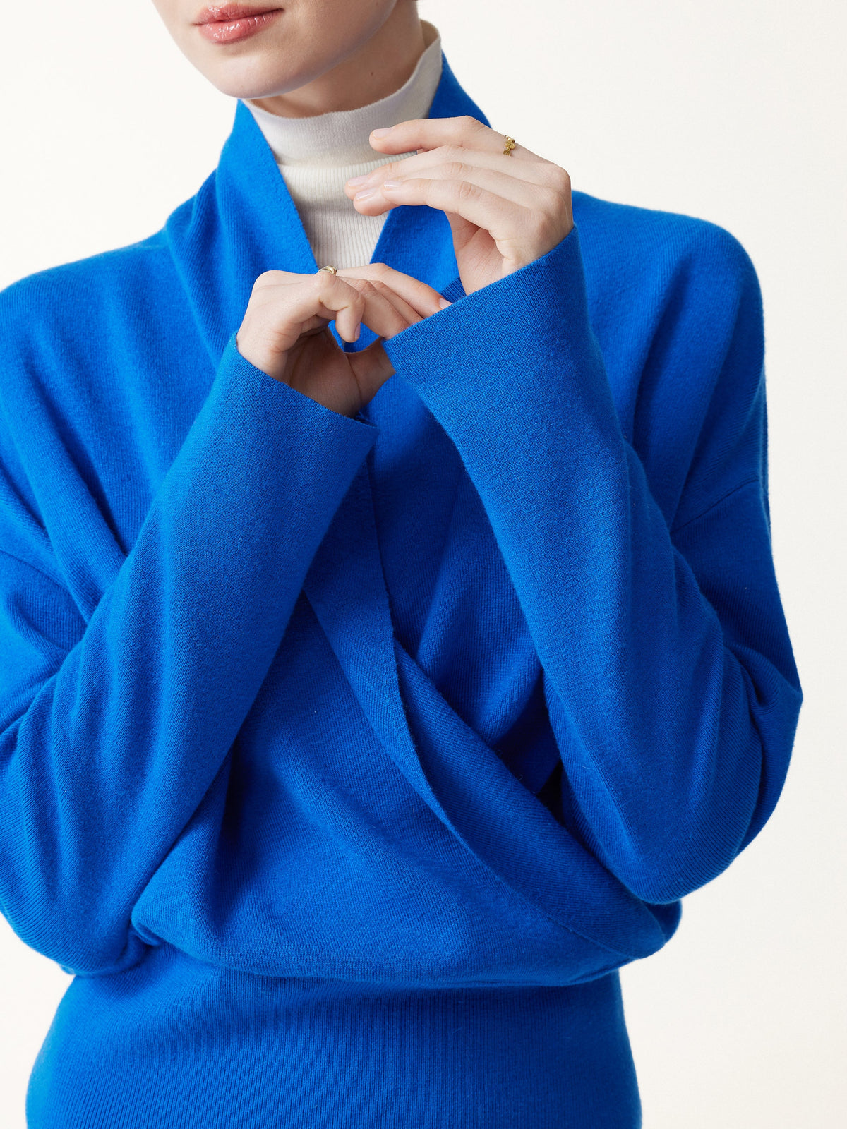 Merino Wool Blend Cross Shawl Collar Banded Sweater