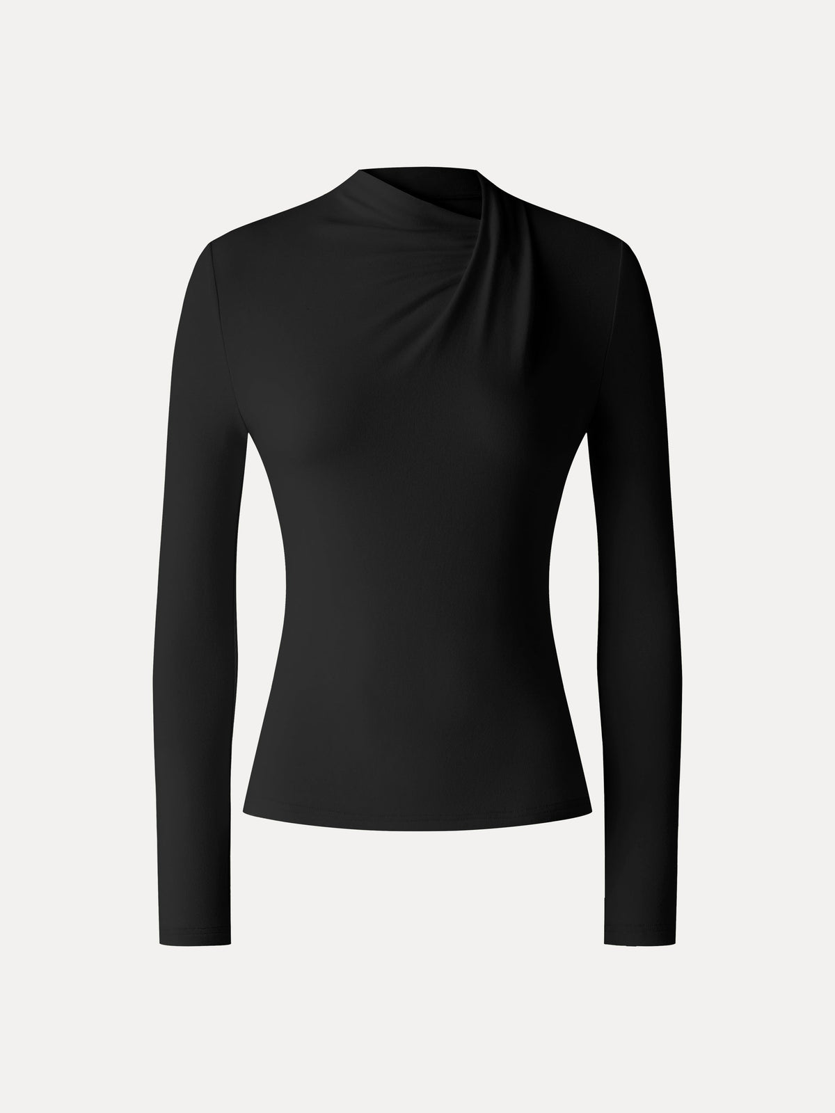 LiteWarm Draped Mock Neck Long Sleeve Shoulder-Tuck Top