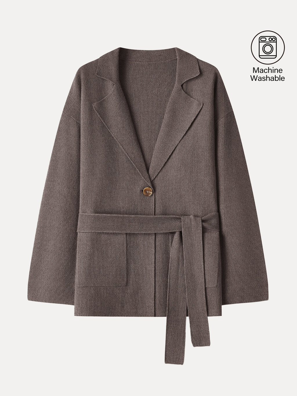 Merino Blend Peaked Lapel Long Sleeve Belted Cardigan with Pockets