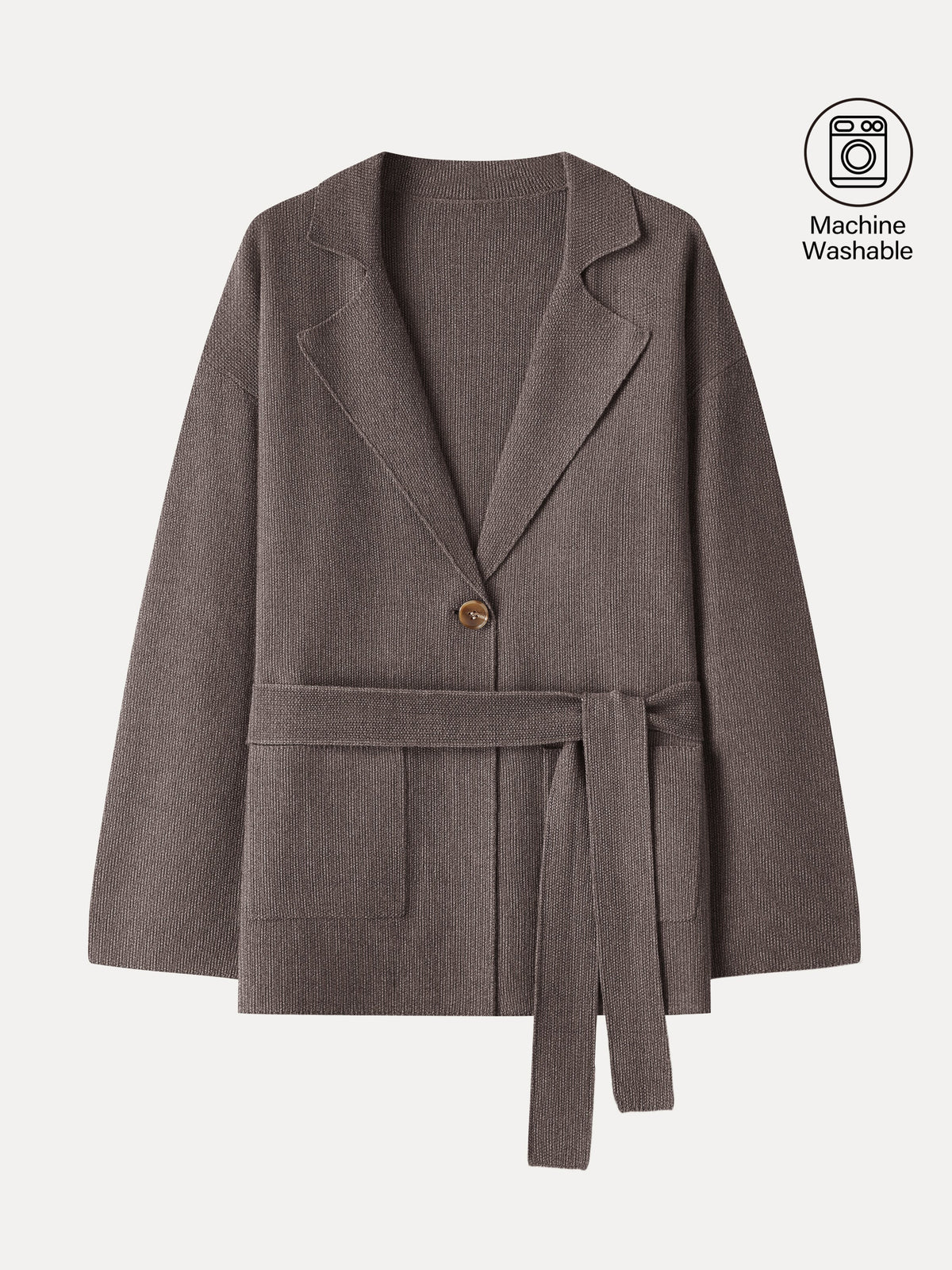 Merino Blend Peaked Lapel Long Sleeve Belted Cardigan with Pockets