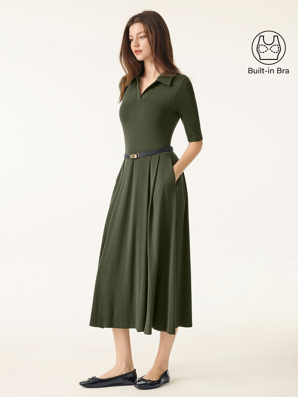 LiteWarm Polo Neck Elbow Length Sleeve Midi Built-In Bra Dress 2.0 with Pockets