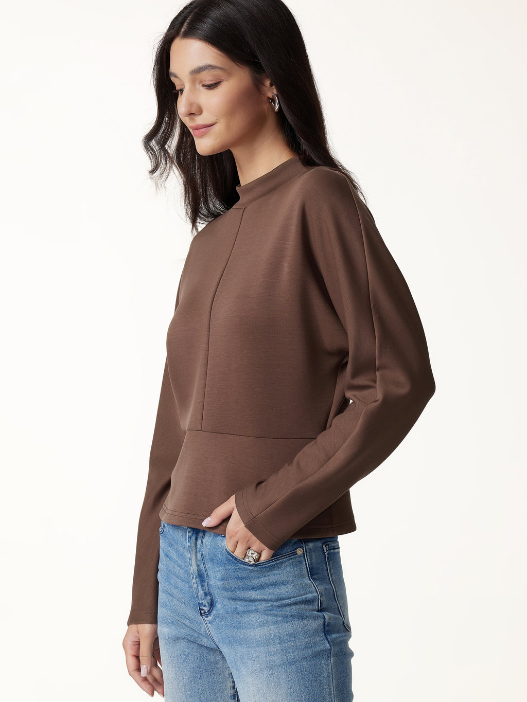Modal Spacer Knit Mock Neck Batwing Sleeve Banded Hem Top