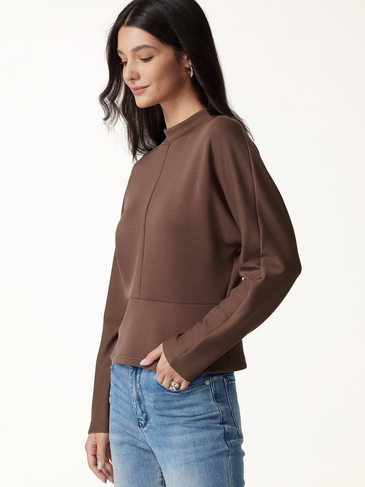 Modal Spacer Knit Mock Neck Batwing Sleeve Banded Hem Top