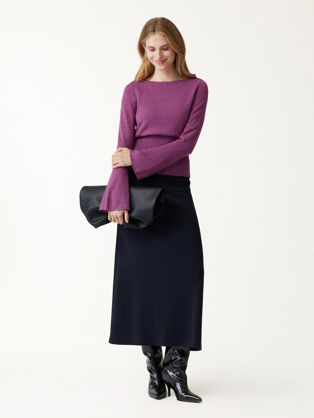Merino Blend Boatneck Long Sleeve Close-Fit Hem Sweater