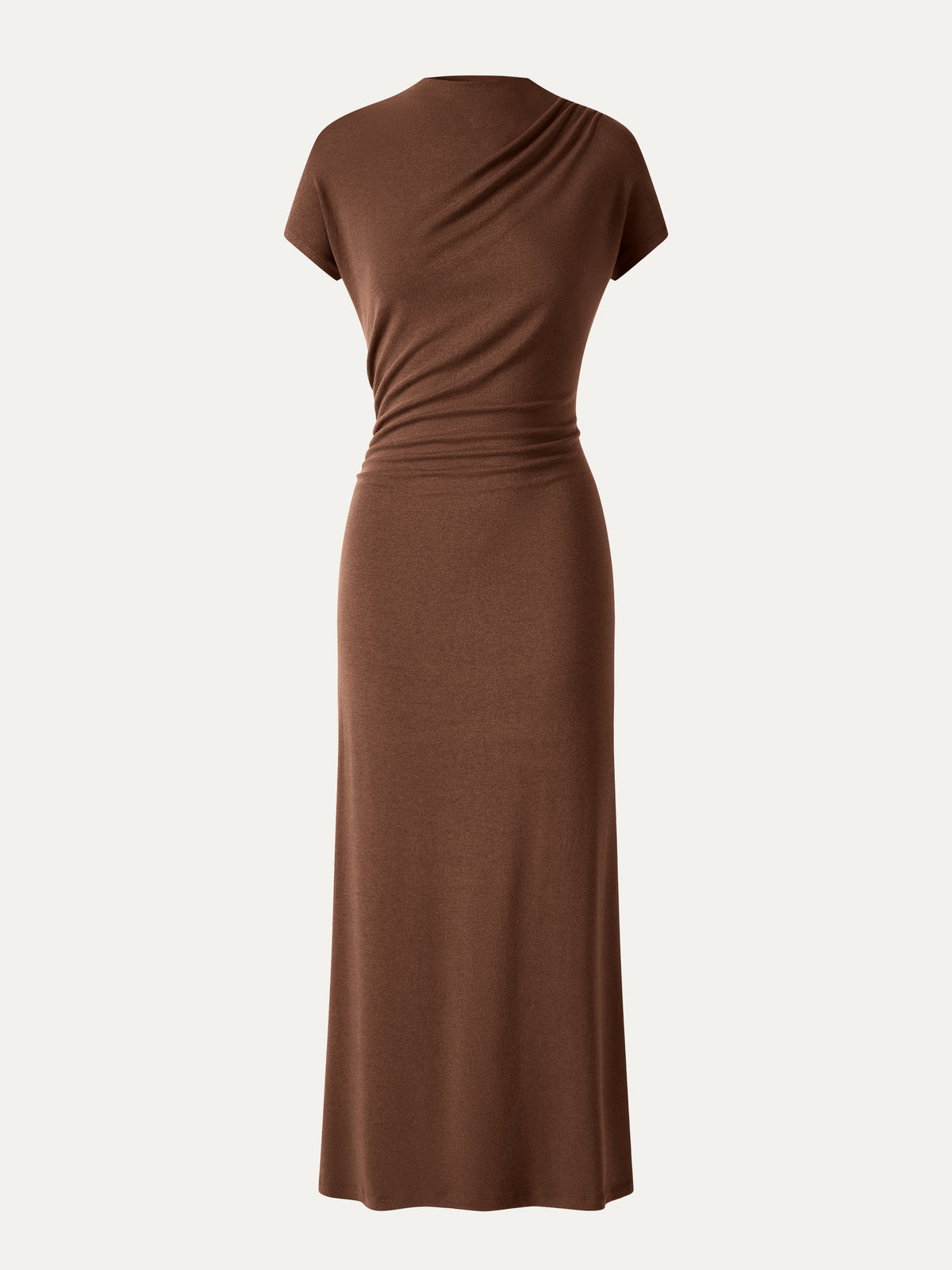 LiteWarm Mock Neck Cap Sleeve Ruched Midi Dress