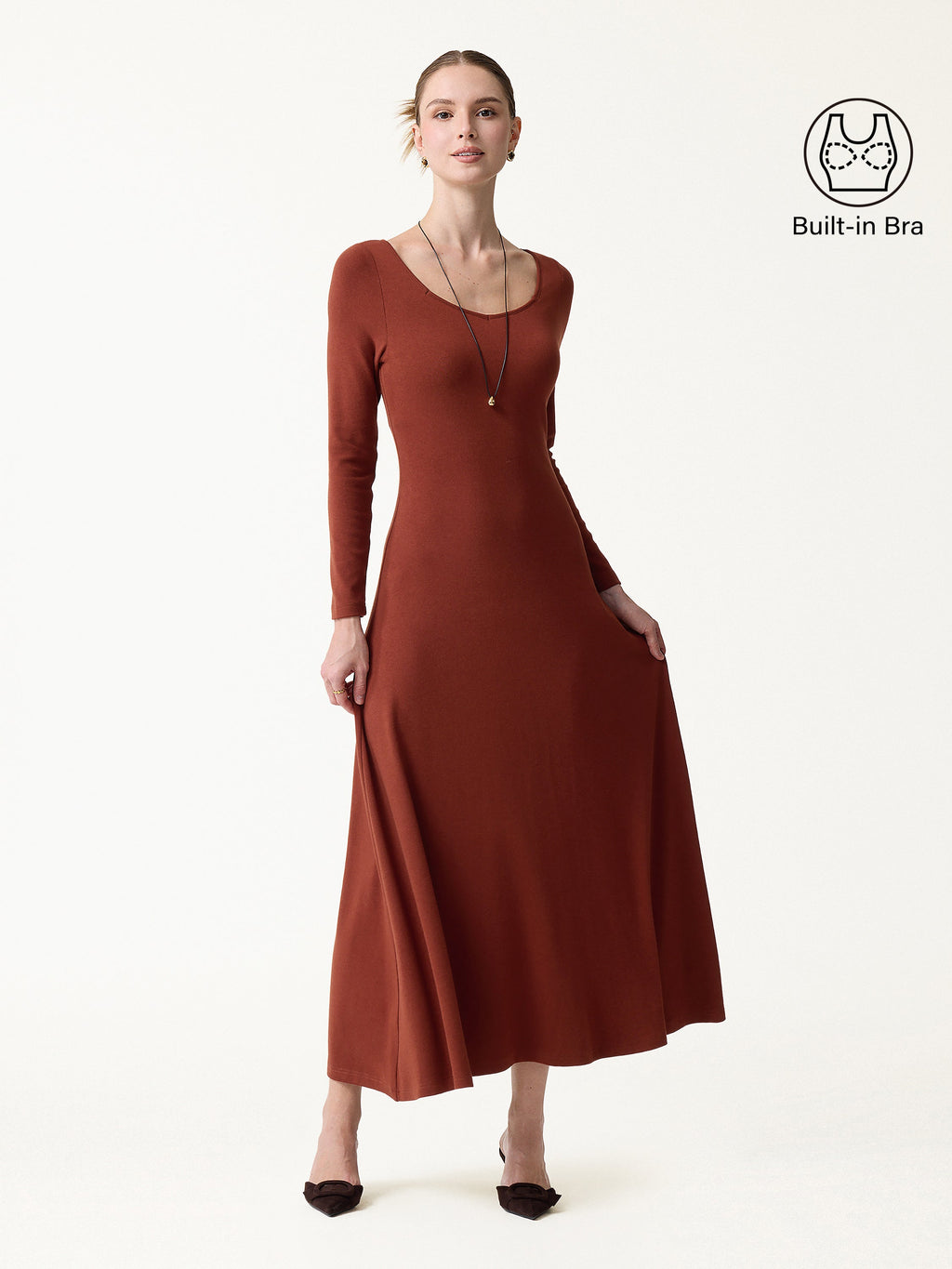LiteWarm Diamond Neck Long Sleeve Drapey Maxi Built-In Bra Dress 2.0