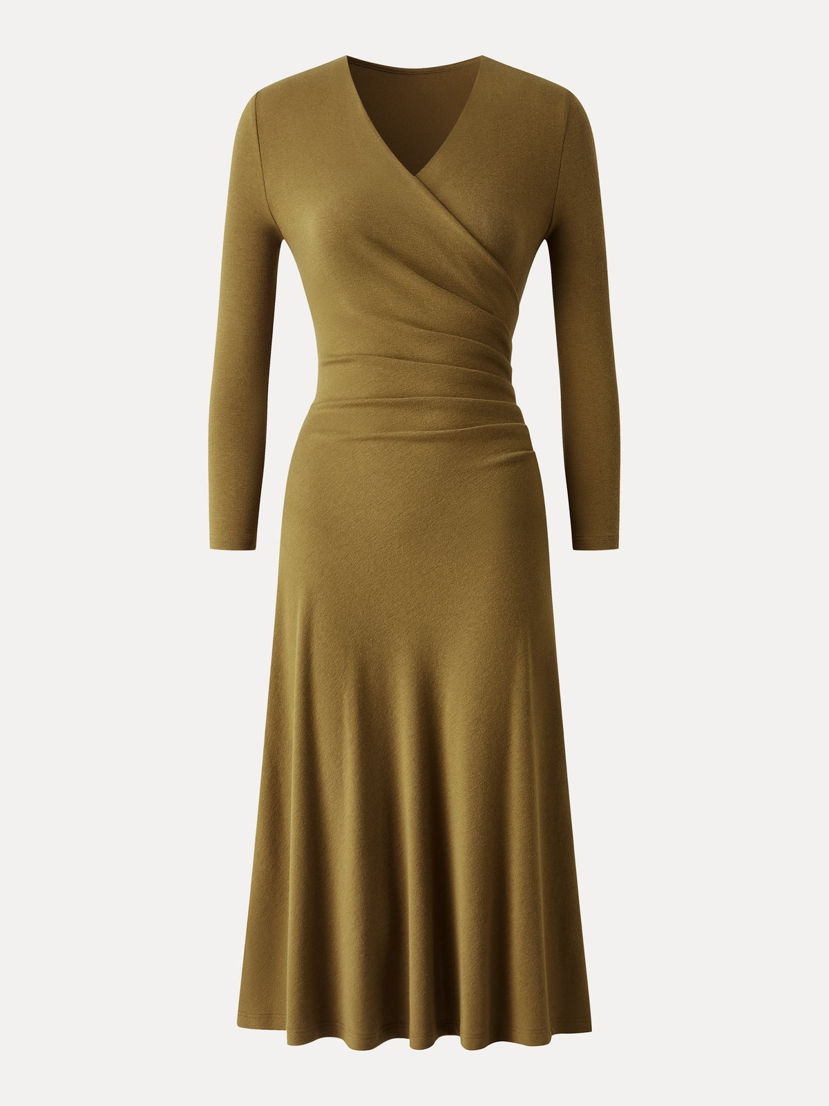 LiteWarm Surplice 3/4 Sleeve Side-Tuck Midi Dress