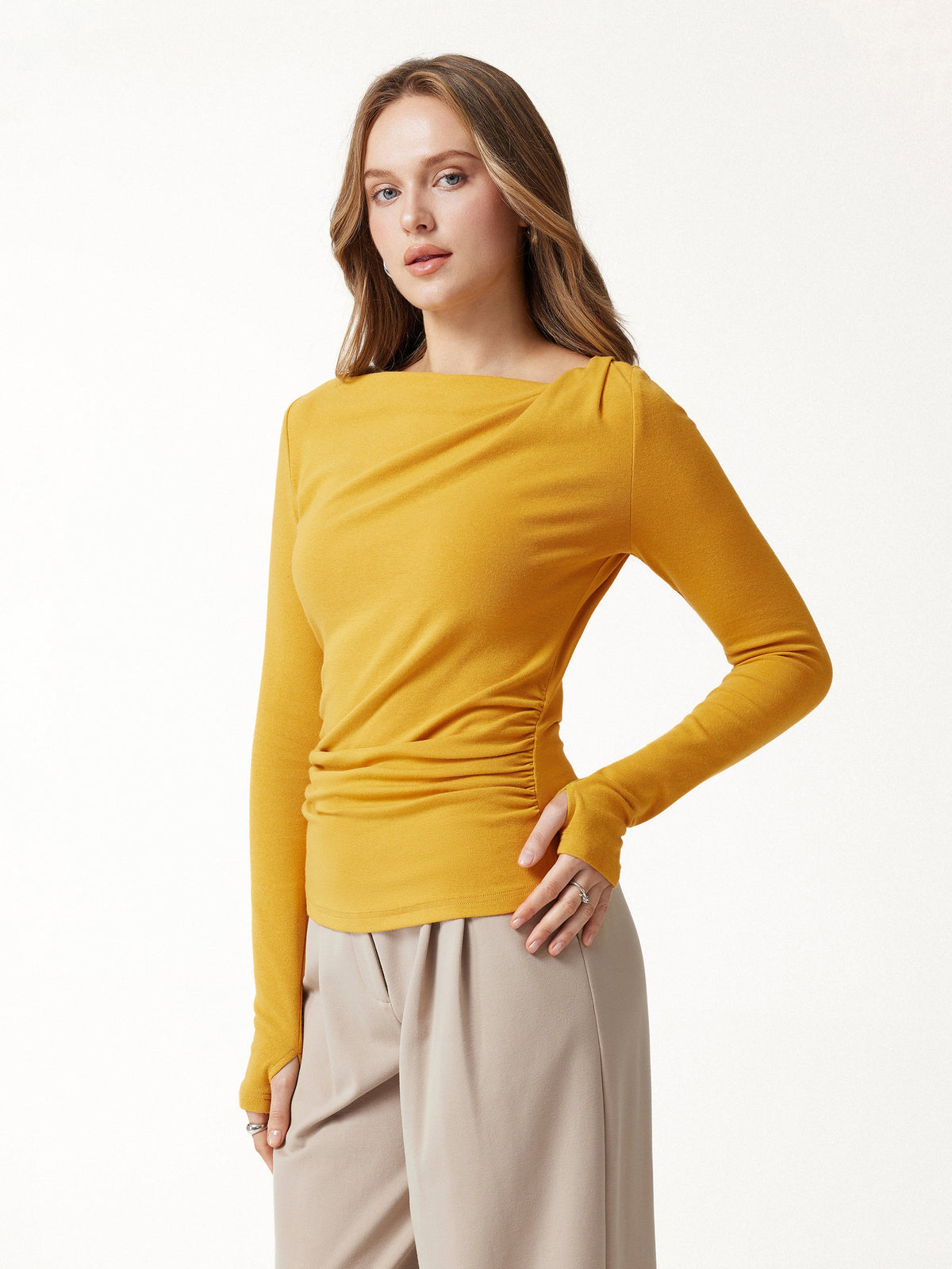 LiteWarm Asymmetrical Neck Long Sleeve Ruched Top