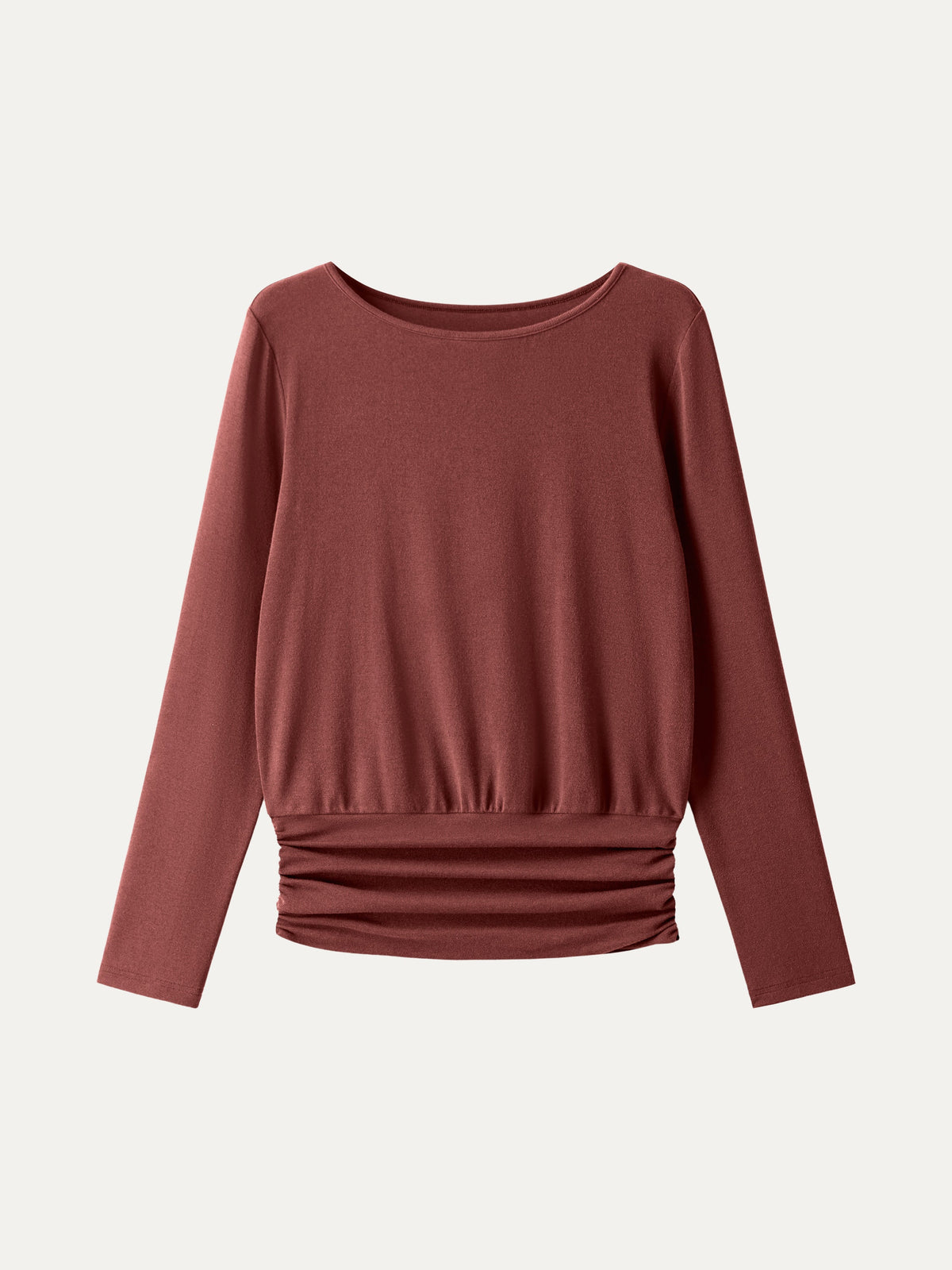 LiteWarm Boatneck Long Sleeve Ruched Banded Hem Top
