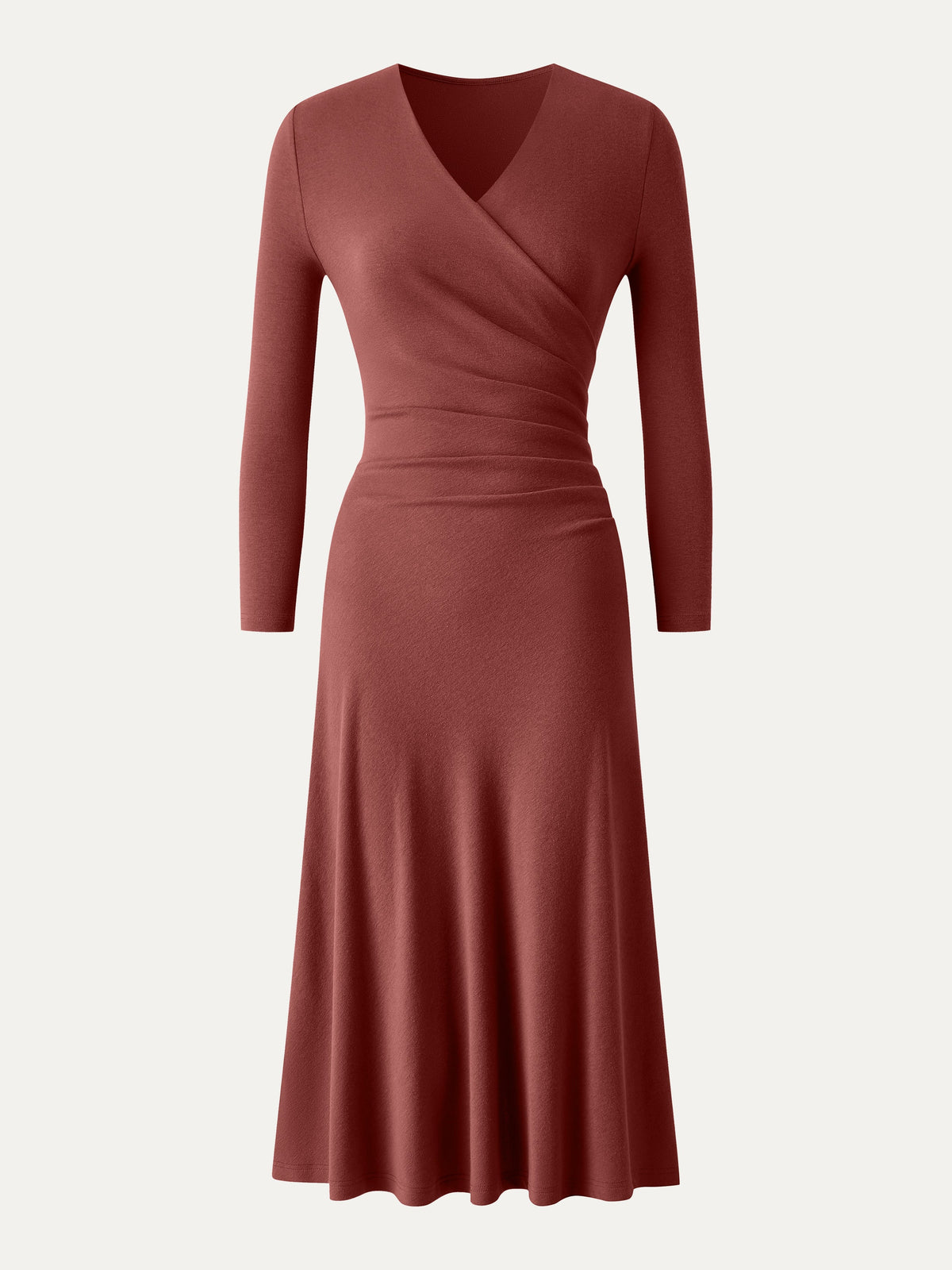 LiteWarm Surplice 3/4 Sleeve Side-Tuck Midi Dress