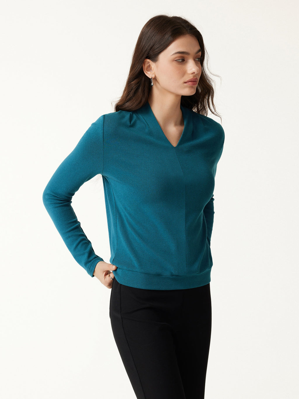 LiteWarm V-Neck Long Sleeve Tucked Shoulder Top