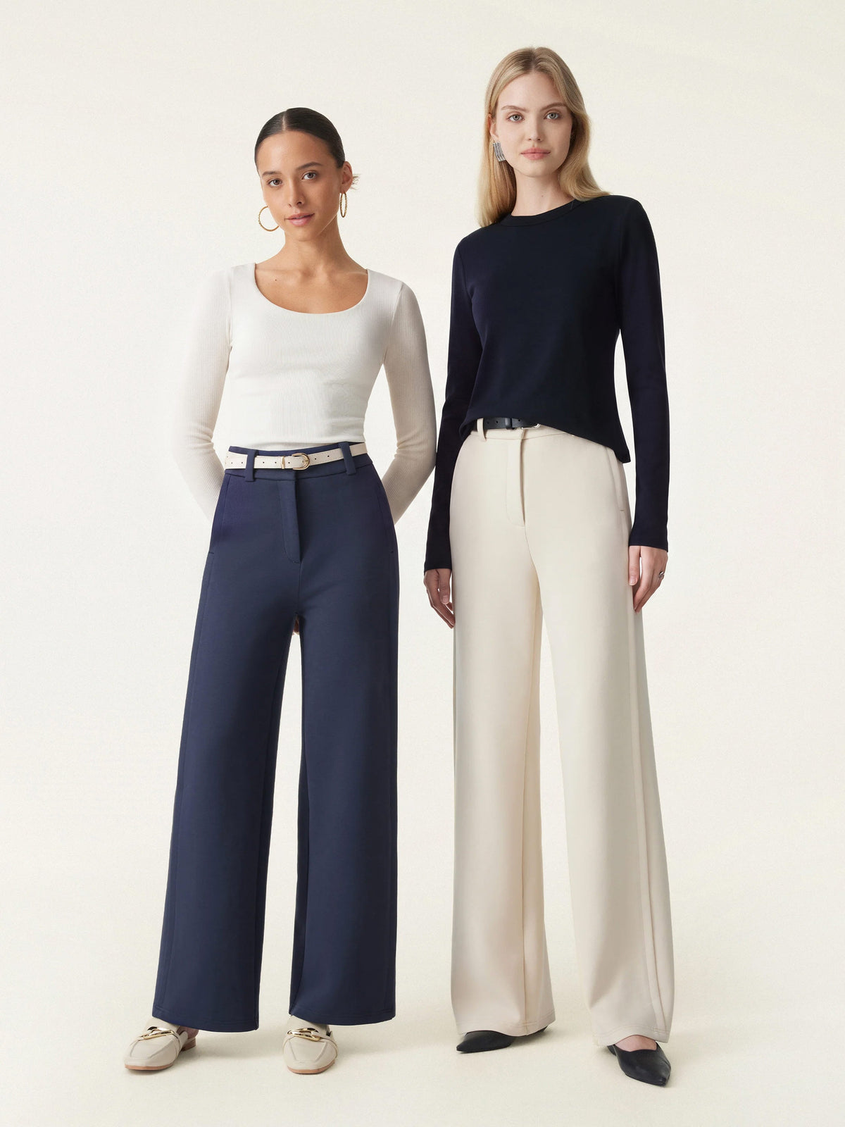 Stretchy Mid Rise Fly-Front Wide Leg Trouser