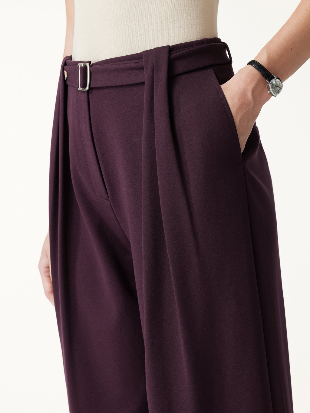 Stretch Ponte High-Rise Belted Wide-Leg Pants with Pockets