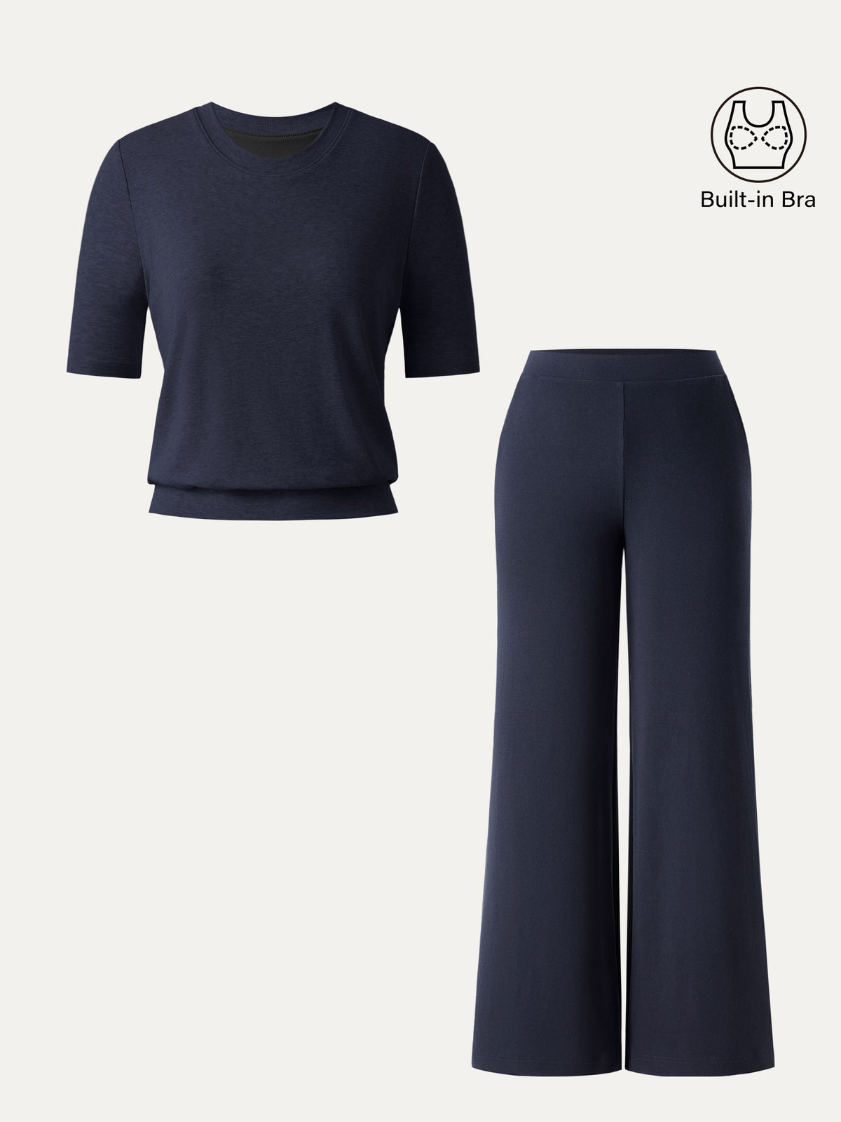 2Pcs Set Petite Wide Leg Pant with Pockets & Crewneck Built-In Bra Top 2.0