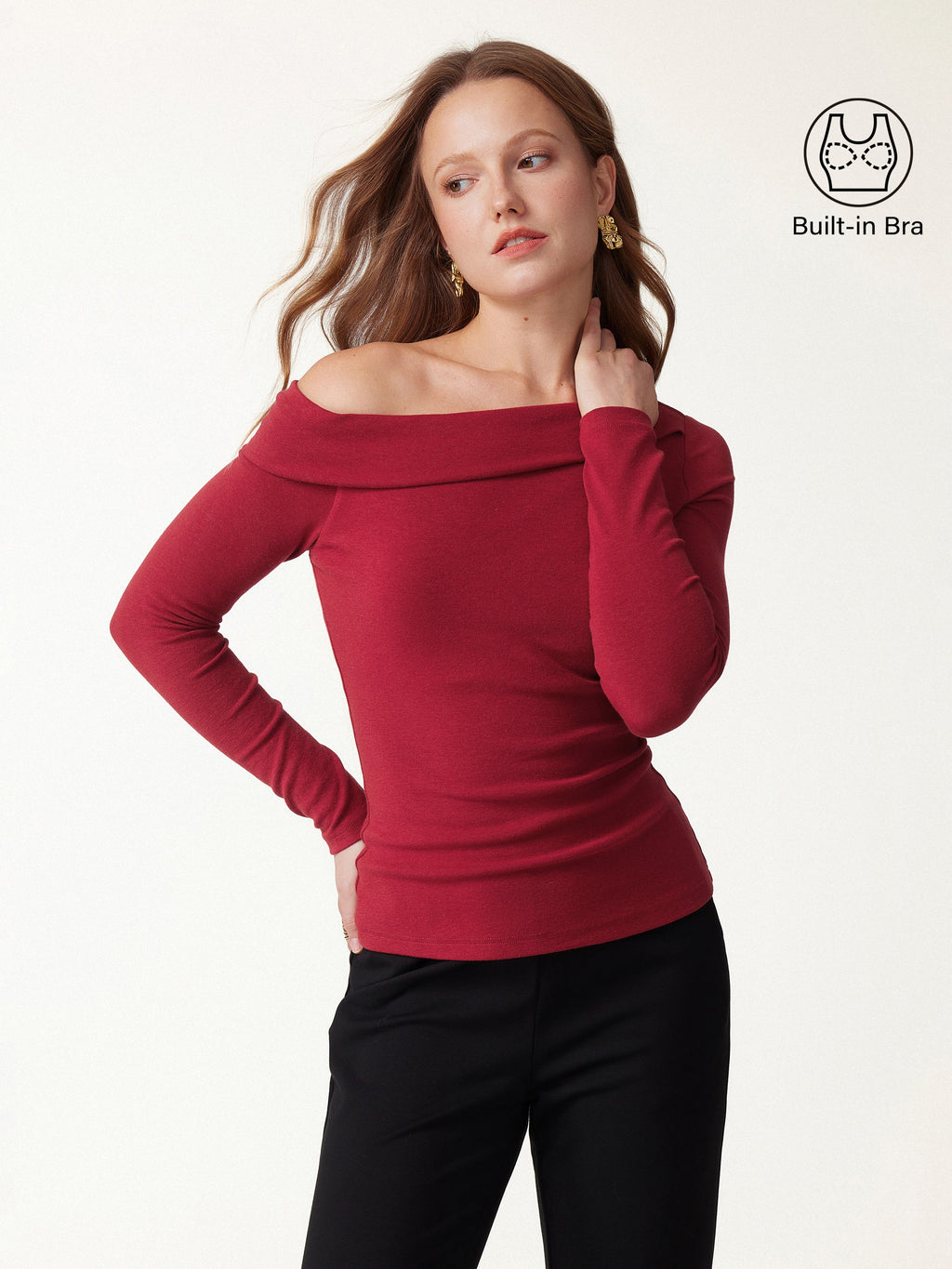 LiteWarm Asymmetrical Neck Long Sleeve Built-In Bra Top 2.0