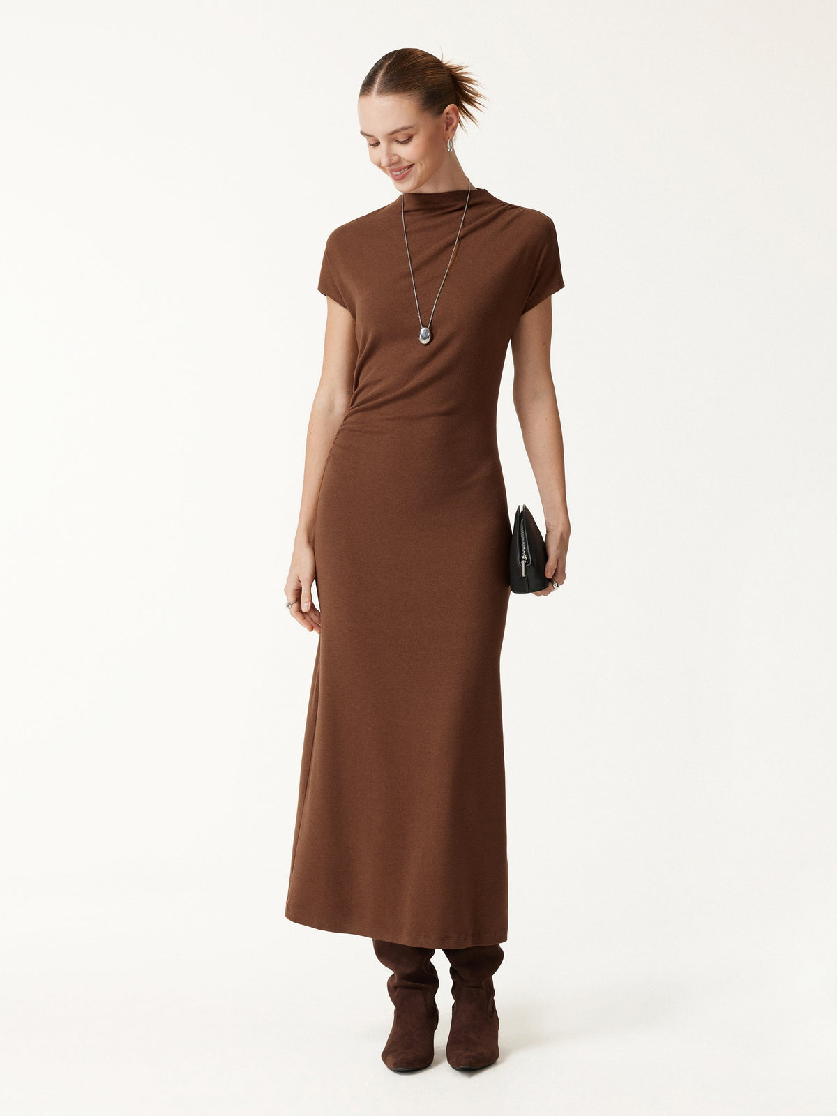 LiteWarm Mock Neck Cap Sleeve Ruched Midi Dress