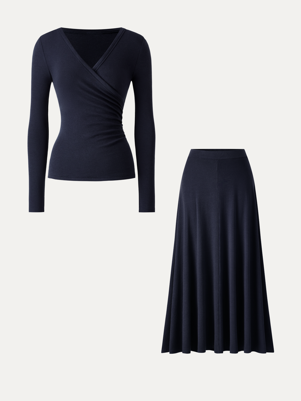 2Pcs Set LiteWarm Surplice Ruched Top & Blend Mid-Rise Umbrella Maxi Skirt