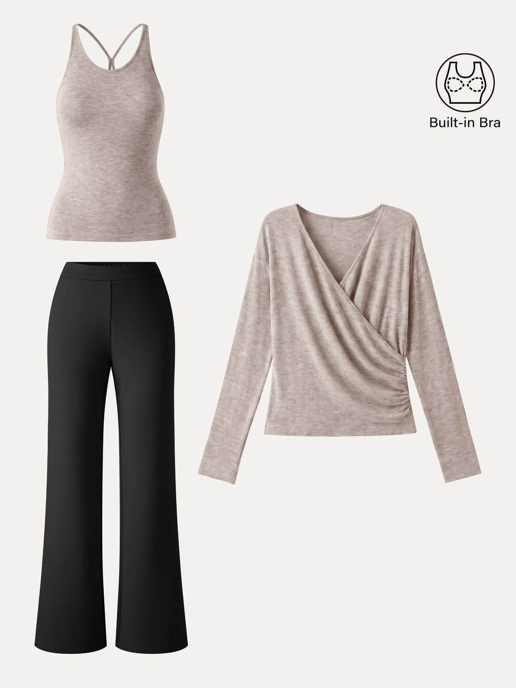 3Pcs Set Surplice Ruched Built-In Bra Top 2.0 & Slim Flared Pants with Pockets