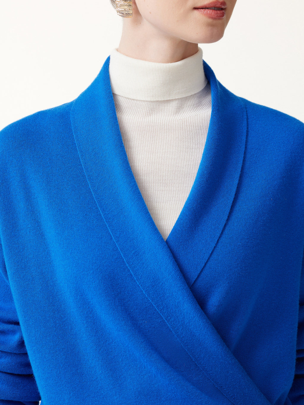 Merino Wool Blend Cross Shawl Collar Banded Sweater