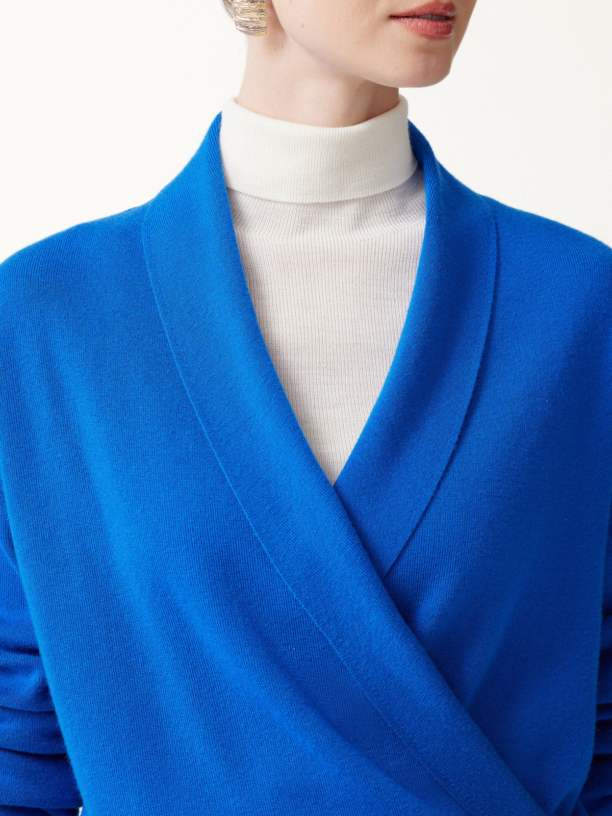 Merino Wool Blend Cross Shawl Collar Banded Sweater