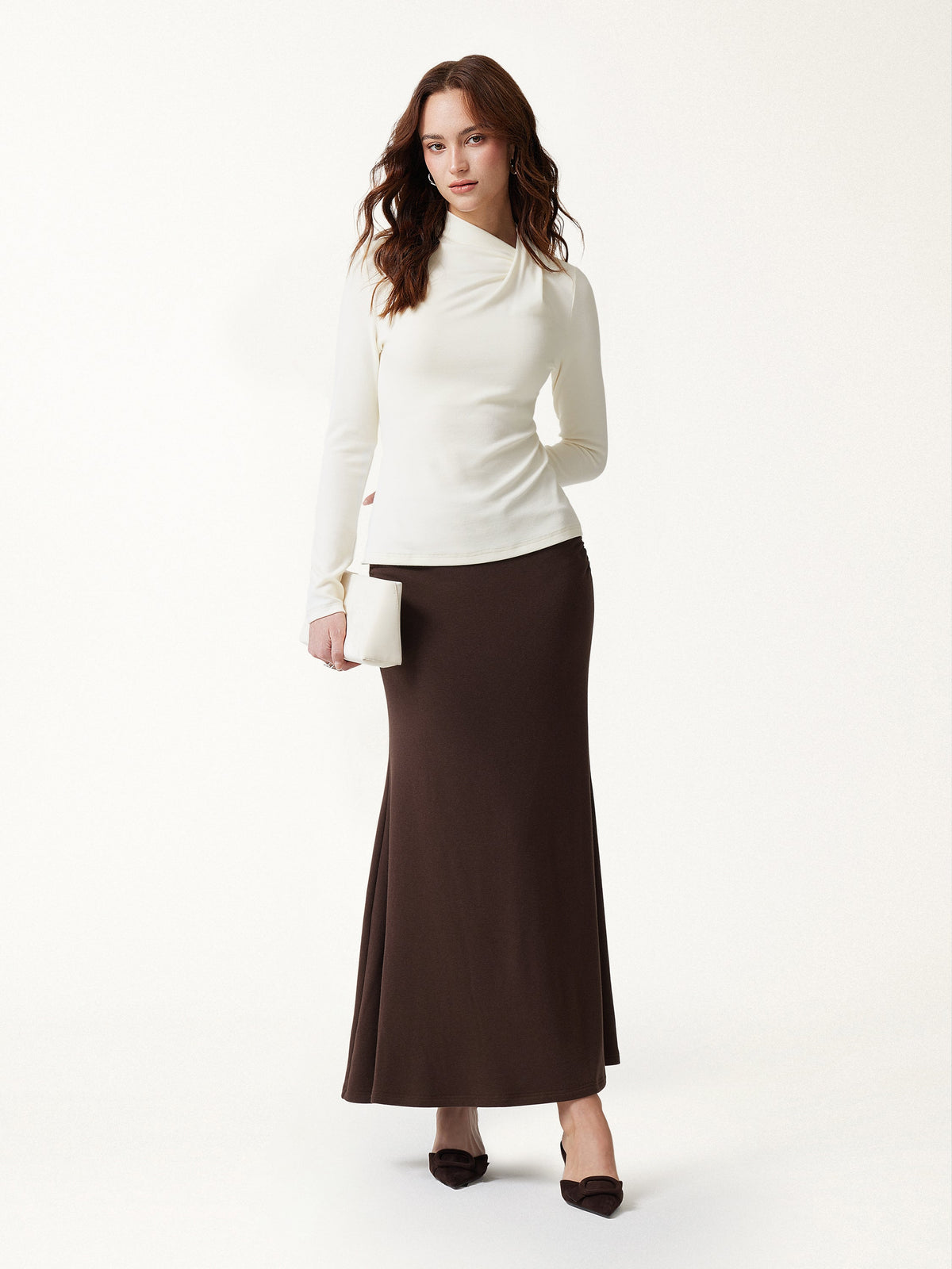 LiteWarm Draped Mock Neck Long Sleeve Shoulder-Tuck Top