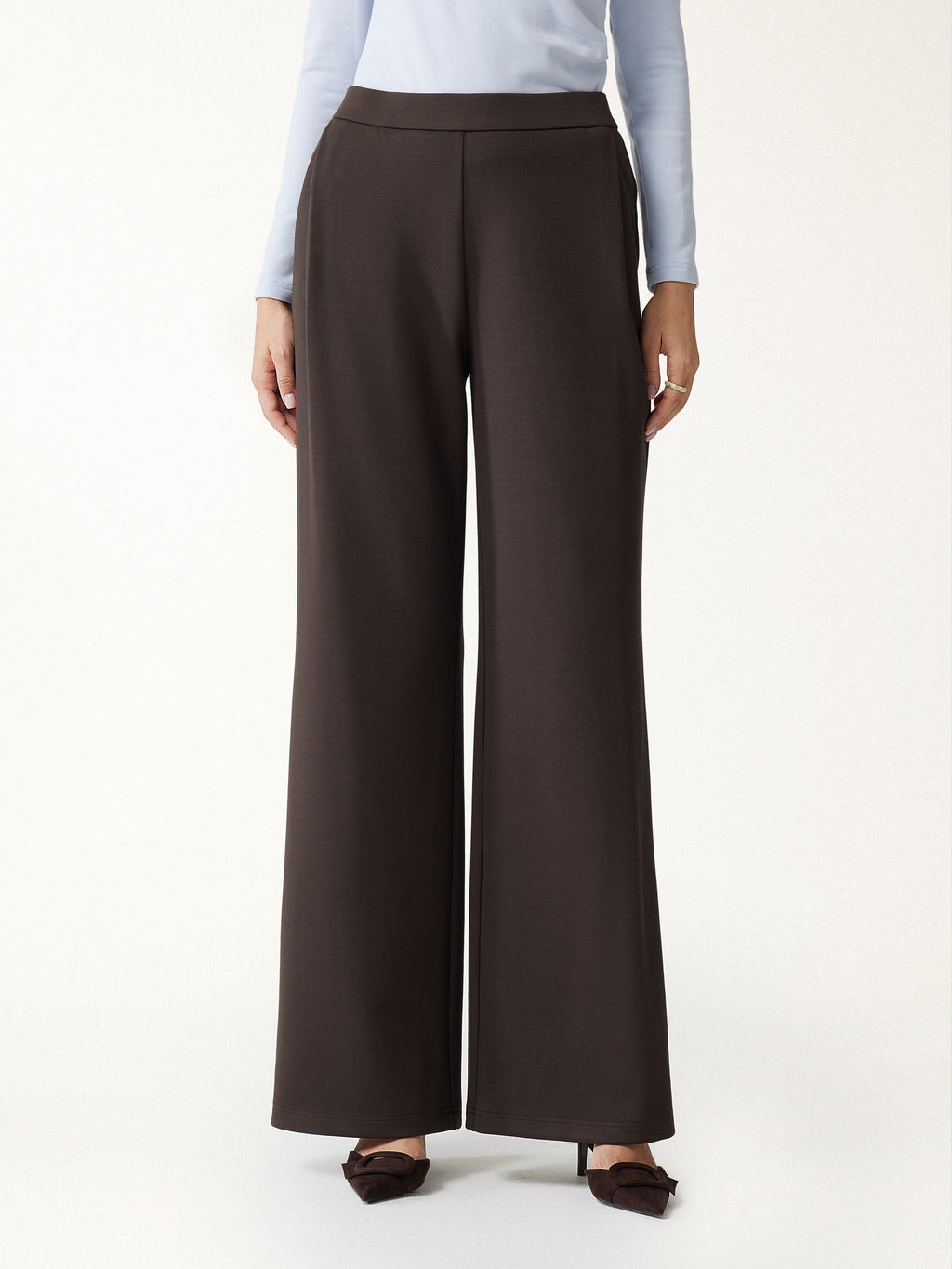 2Pcs Set Round Neck Belted Jacket with Pockets & High-Rise Wide-Leg Pants with Pockets