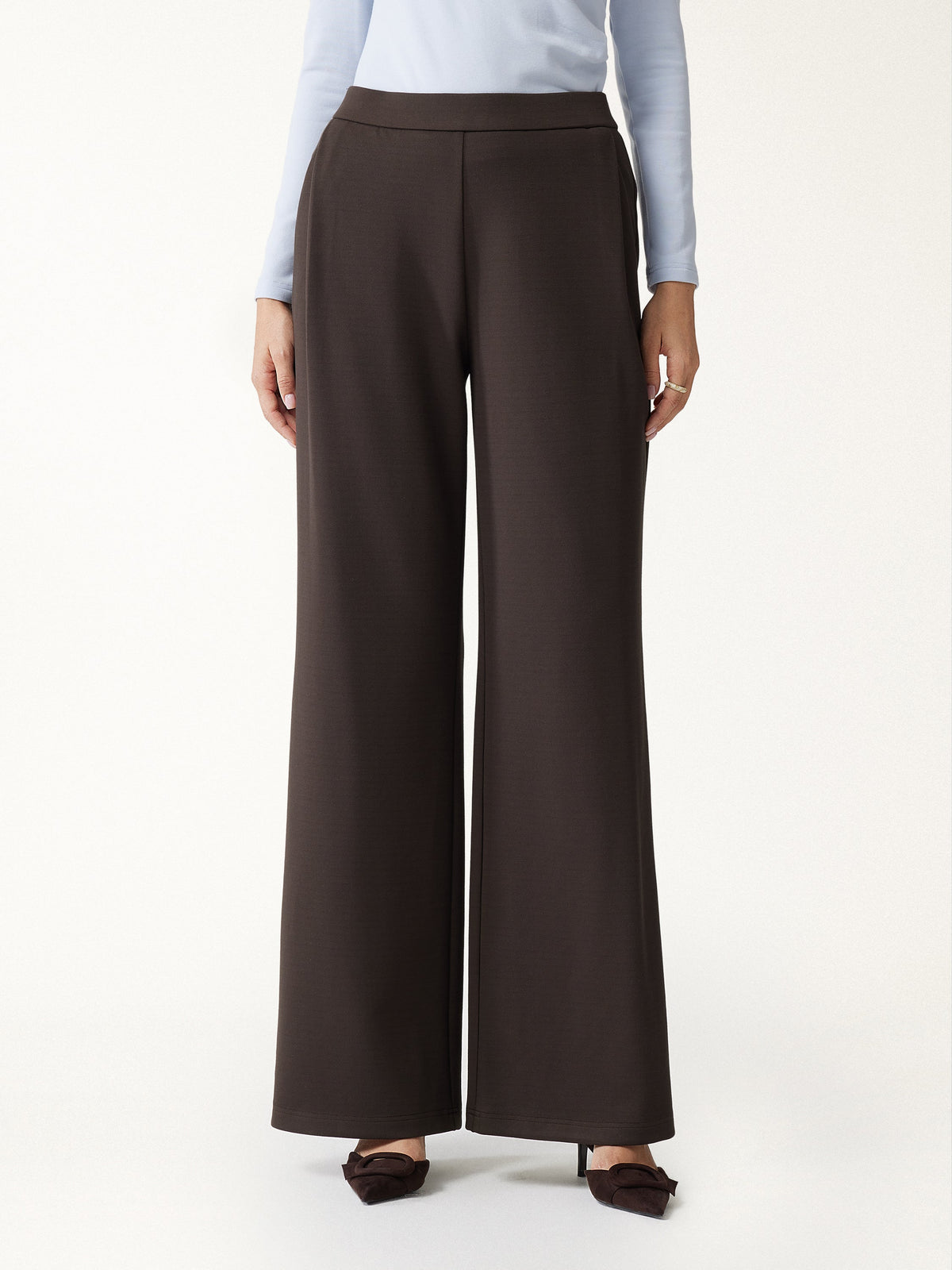 2Pcs Set Round Neck Belted Jacket with Pockets & High-Rise Wide-Leg Pants with Pockets