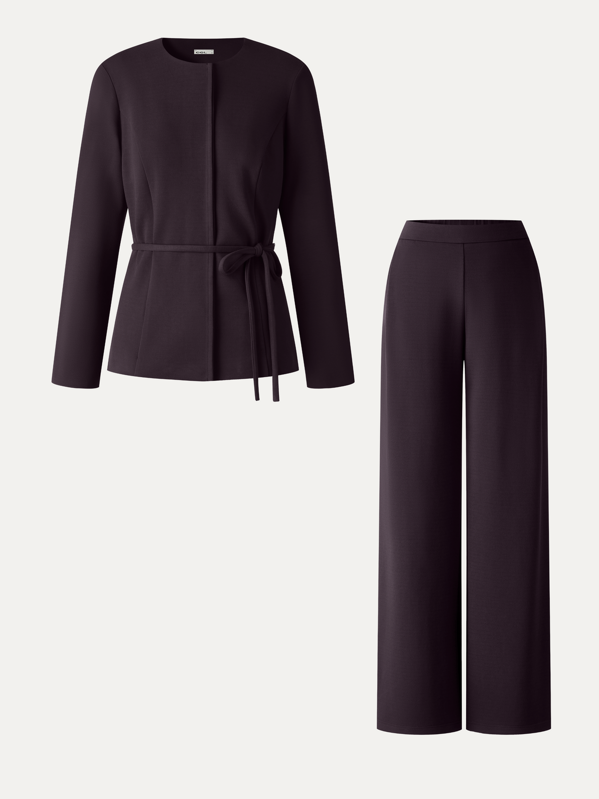 2Pcs Set Round Neck Belted Jacket with Pockets & High-Rise Wide-Leg Pants with Pockets