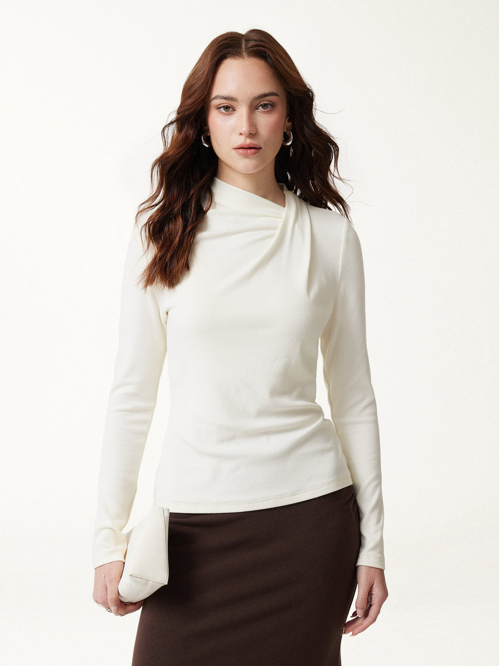 LiteWarm Draped Mock Neck Long Sleeve Shoulder-Tuck Top