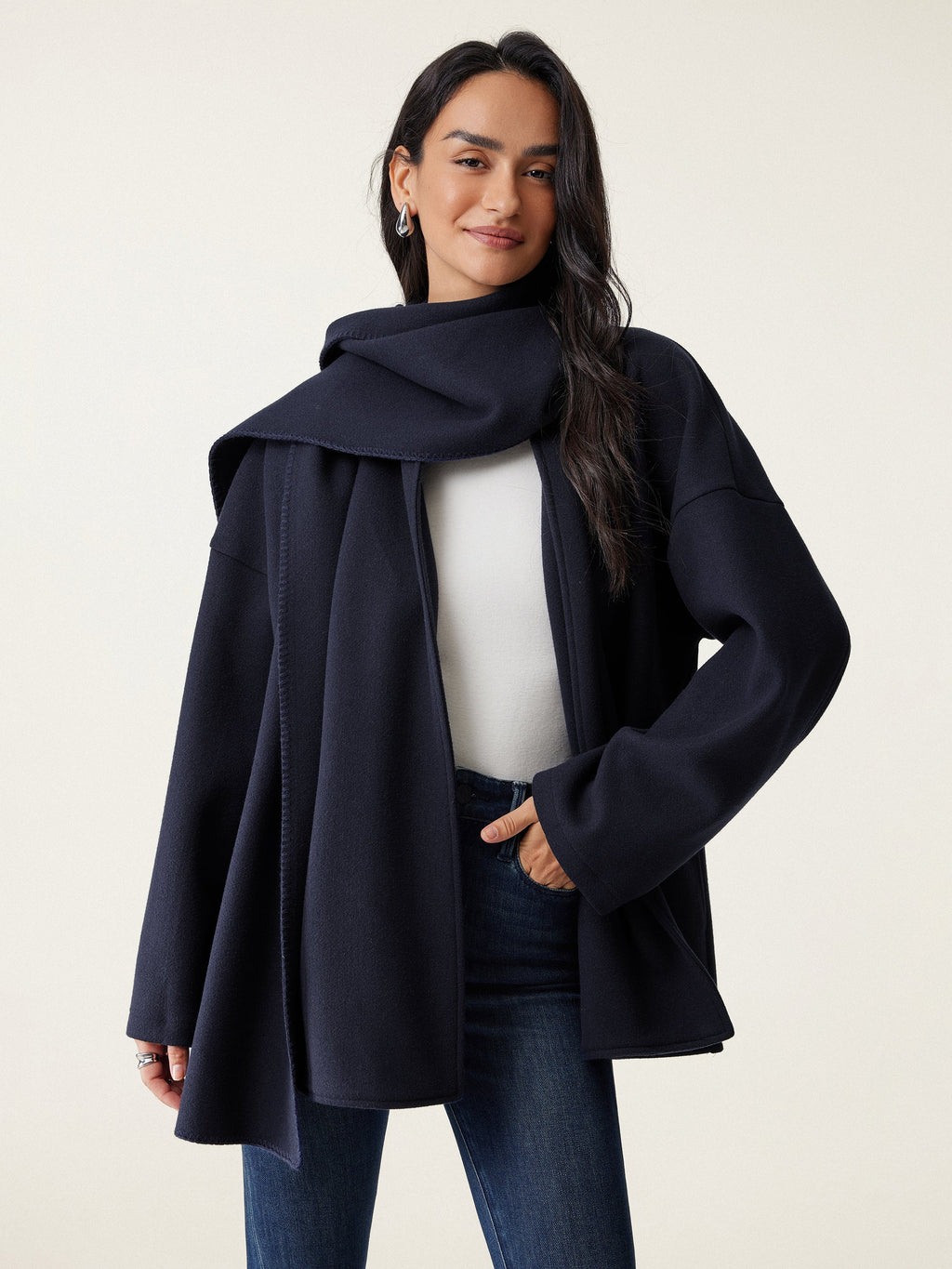 FuzzLuxe Scarf Collar Convertible Coat with Pockets