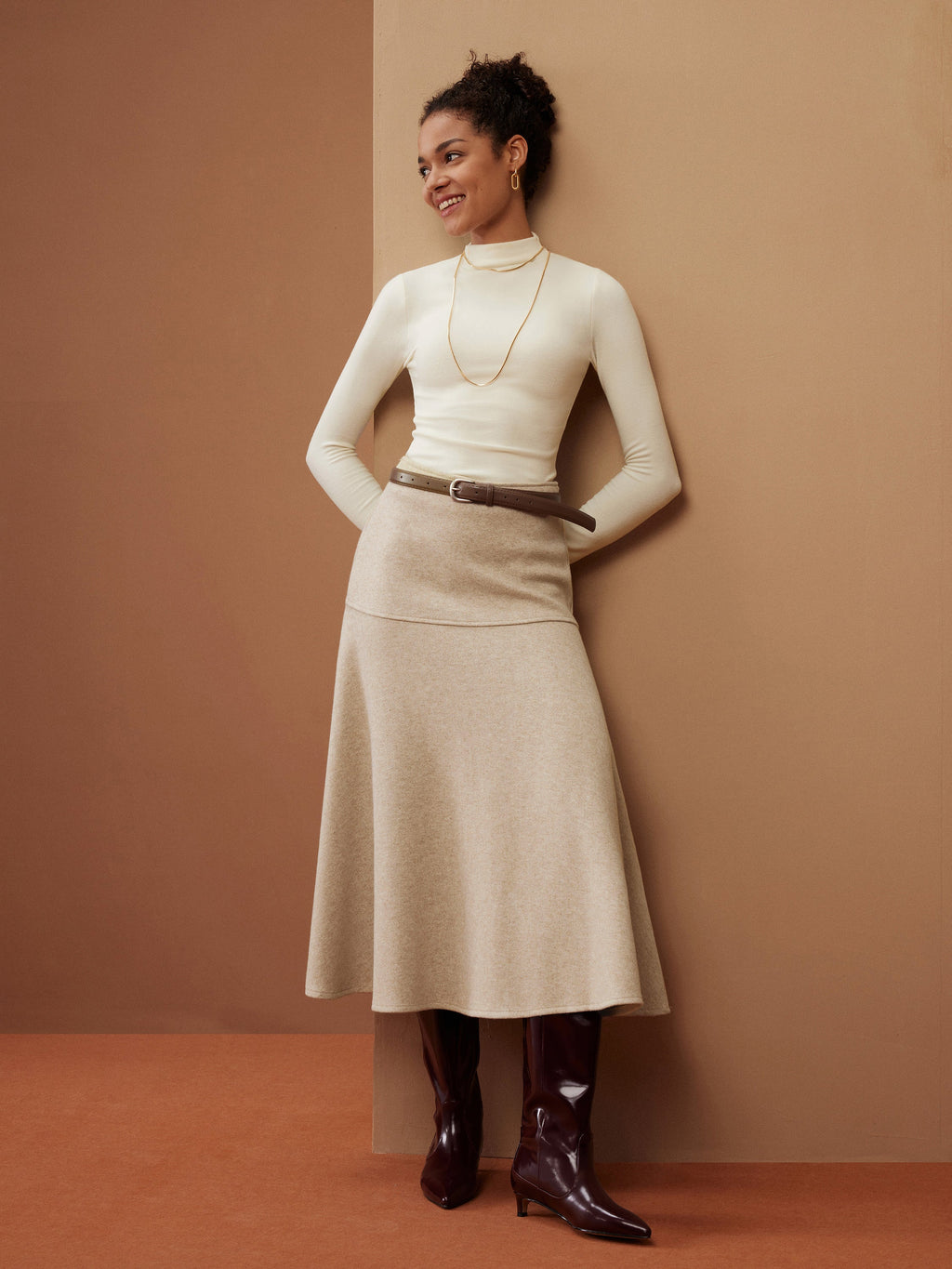 2Pcs Set Ruched Sides Tuckable Mockneck Top & Flared Midi Skirt