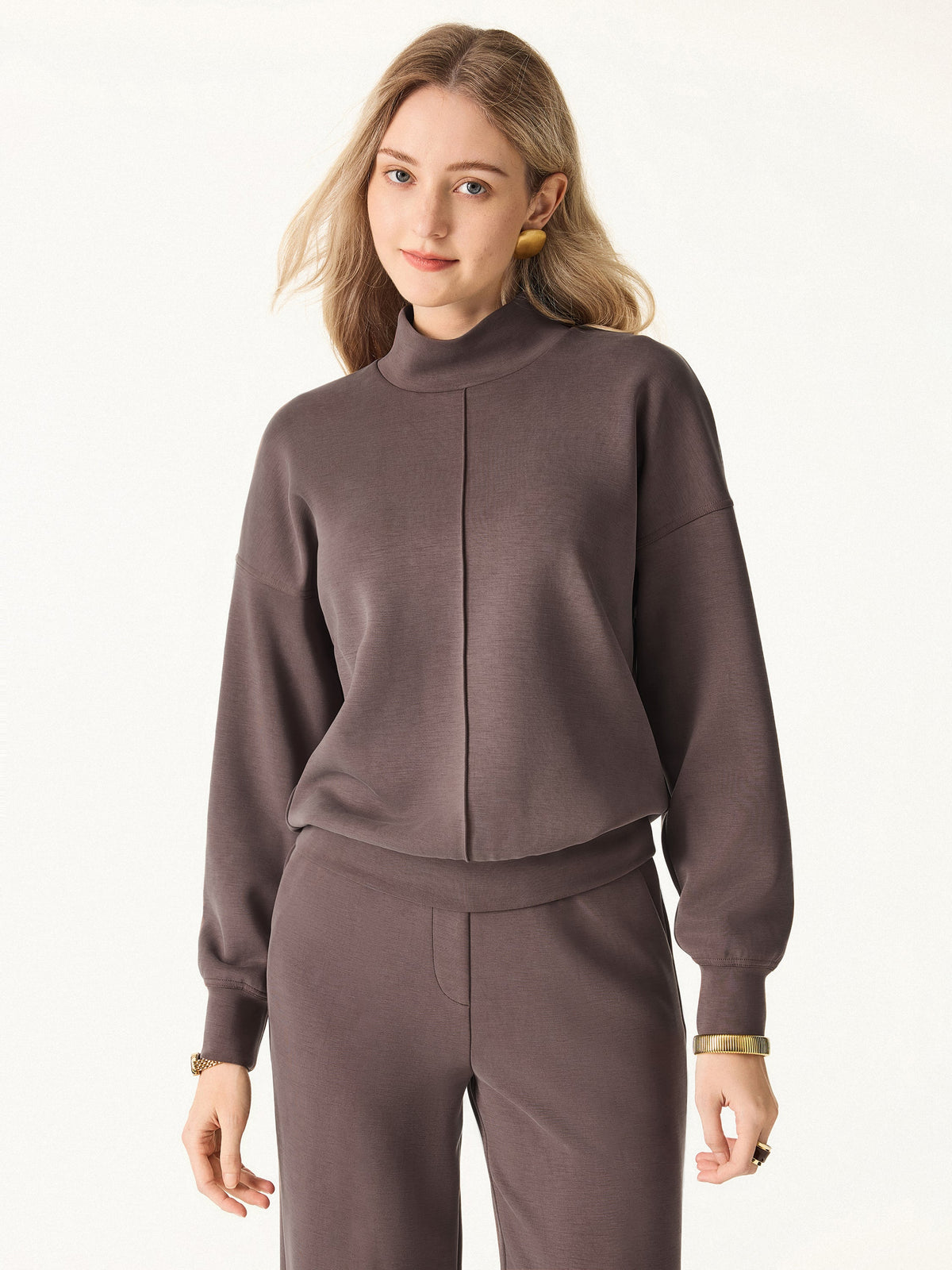 2Pcs Set Mockneck Long Sleeve Shirt & High-Rise Wide Leg Pants with Pockets