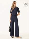 2Pcs Set Petite Wide Leg Pant with Pockets & Crewneck Built-In Bra Top 2.0