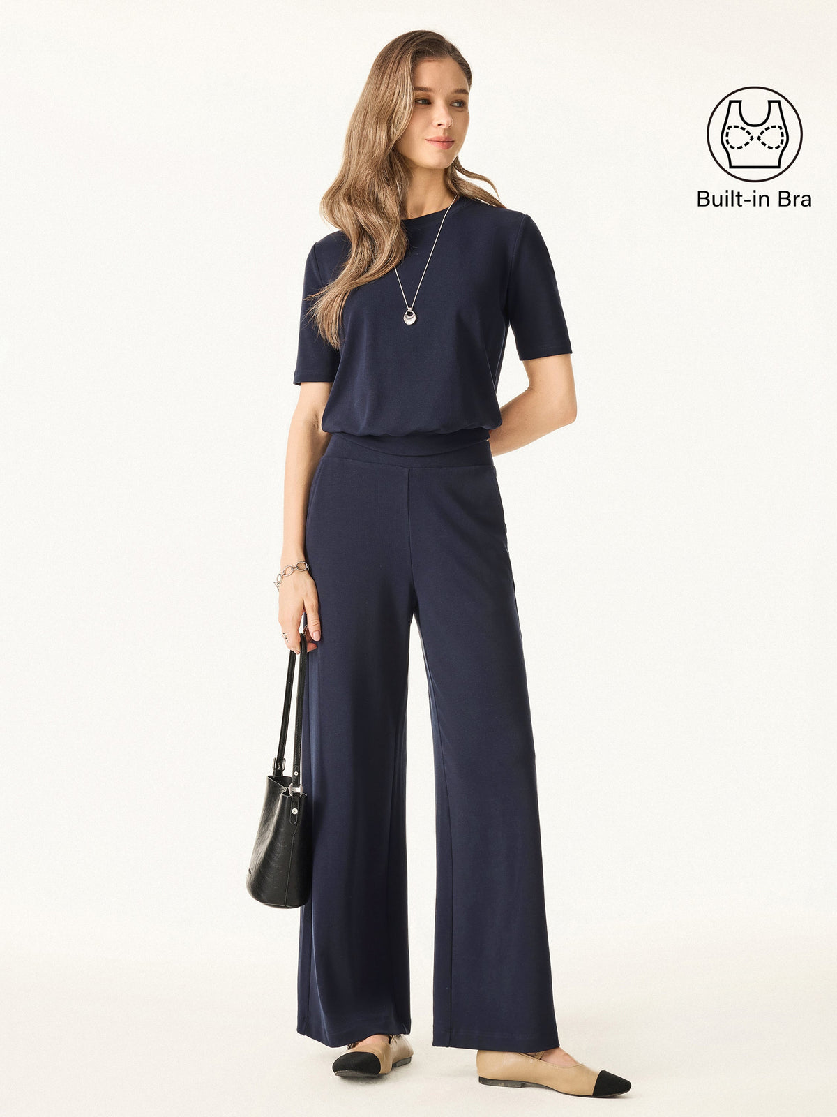 2Pcs Set Petite Wide Leg Pant with Pockets & Crewneck Built-In Bra Top 2.0