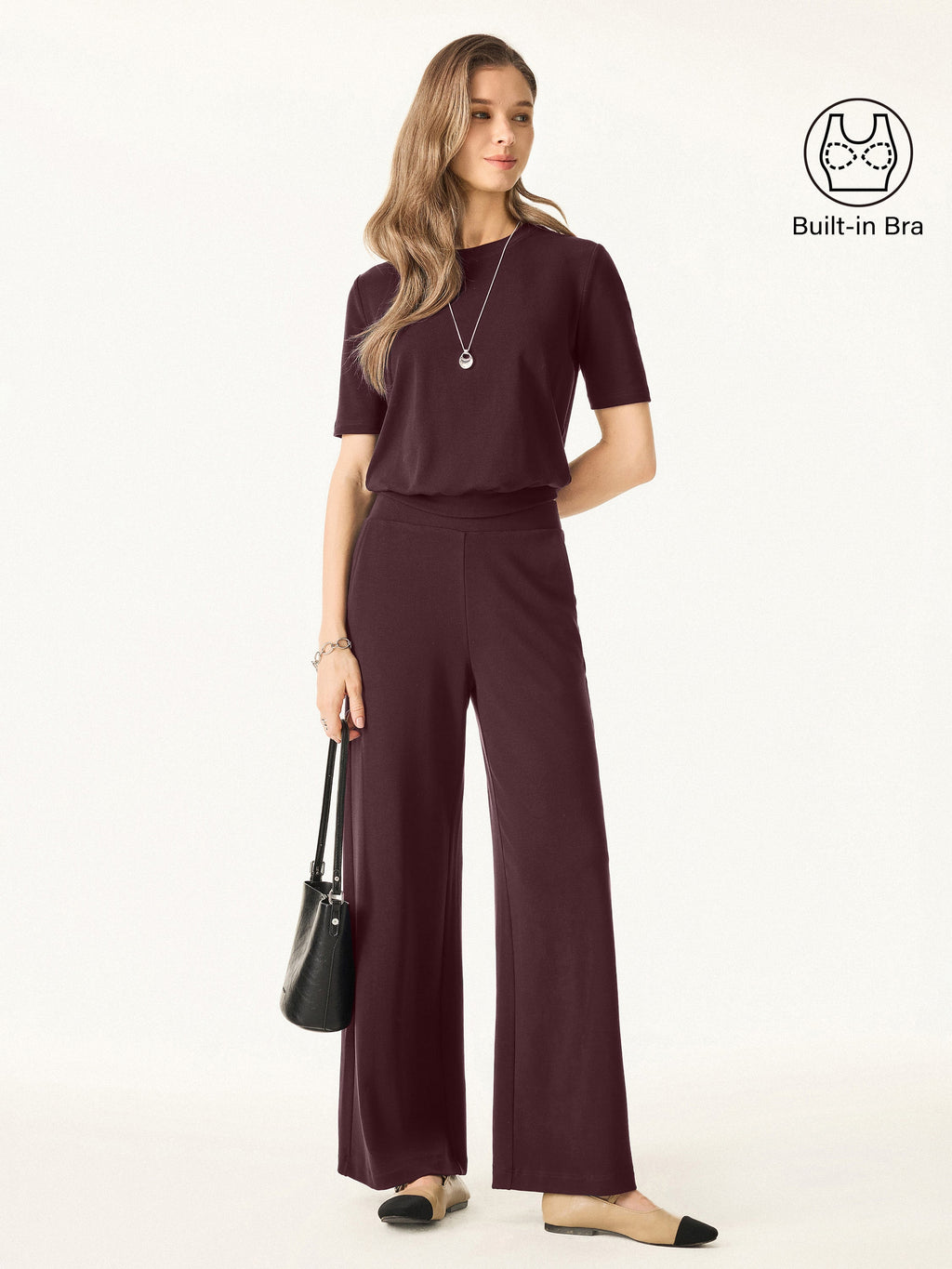 2Pcs Set Petite Wide Leg Pant with Pockets & Crewneck Built-In Bra Top 2.0