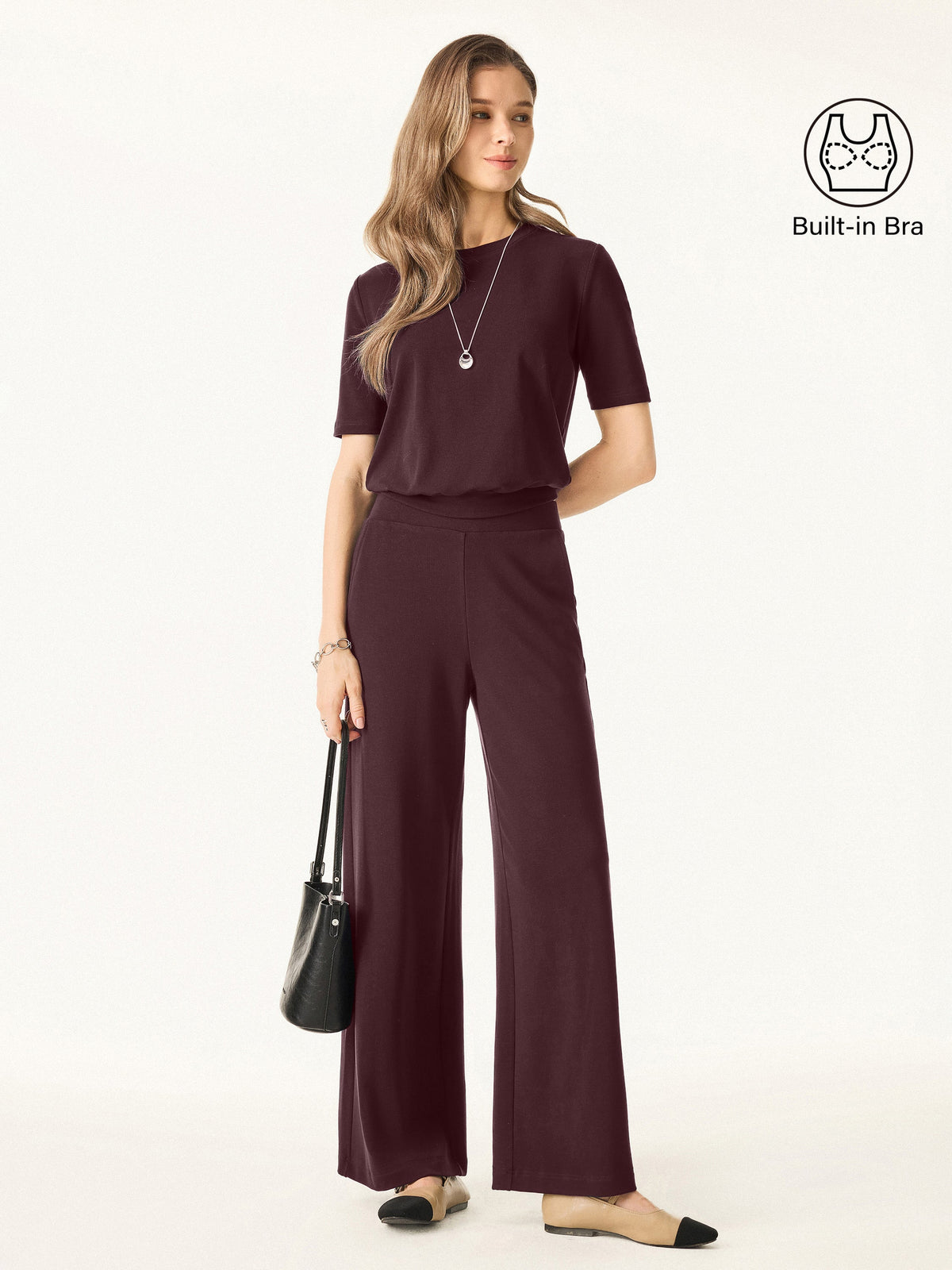 2Pcs Set Petite Wide Leg Pant with Pockets & Crewneck Built-In Bra Top 2.0