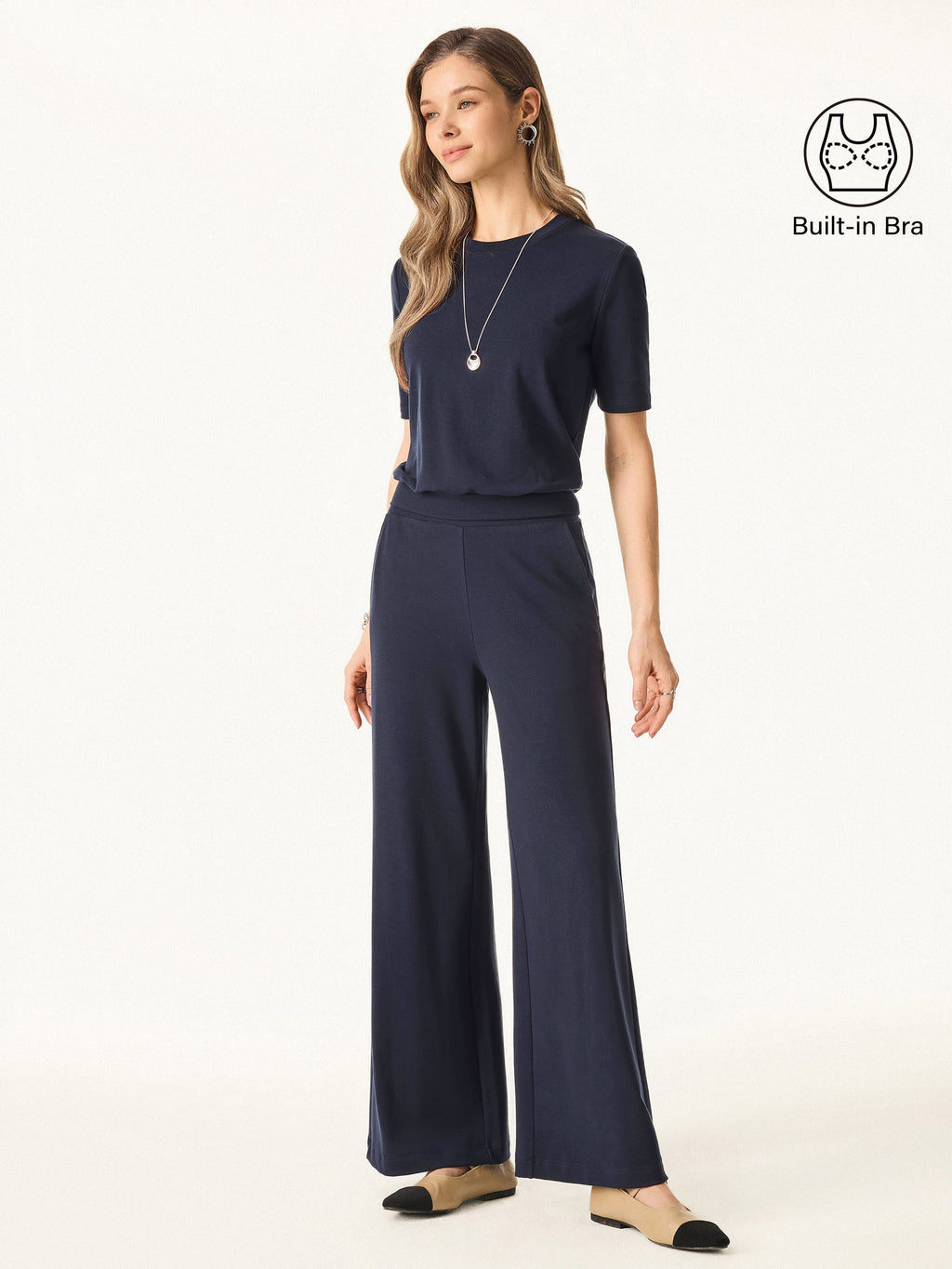 2Pcs Set Petite Wide Leg Pant with Pockets & Crewneck Built-In Bra Top 2.0