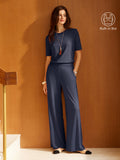 2Pcs Set Regular Mid Rise Wide Leg Pants & Crewneck Built-In Bra Top 2.0