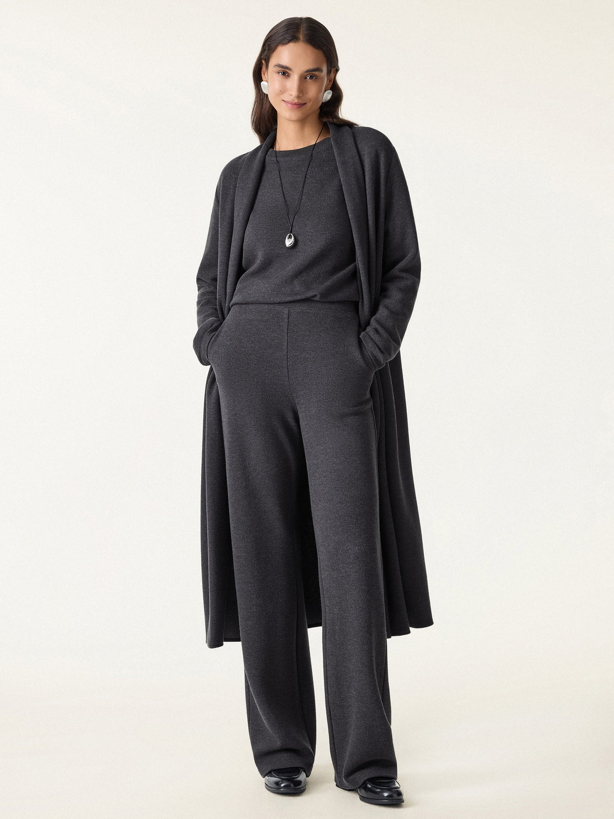 3Pcs Set Long Sleeve Midi Cardigan with Pockets & Boatneck Long Sleeve Top & Wide-Leg Pants with Pockets