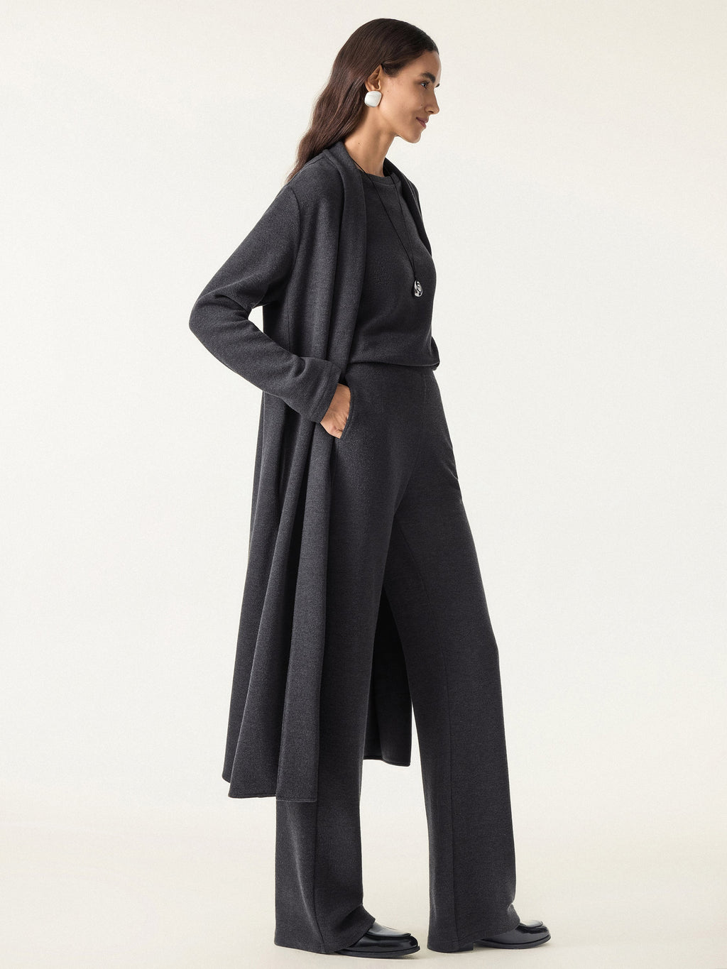 3Pcs Set Long Sleeve Midi Cardigan with Pockets & Boatneck Long Sleeve Top & Wide-Leg Pants with Pockets
