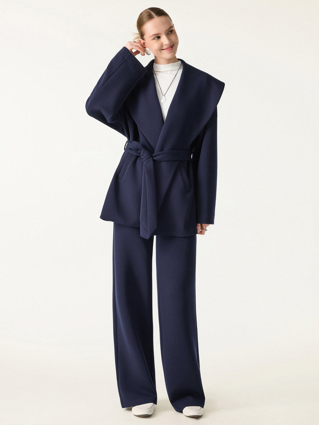 2Pcs Set Petite Belted Shawl Collar Robe Jacket & Straight Pants with Pockets