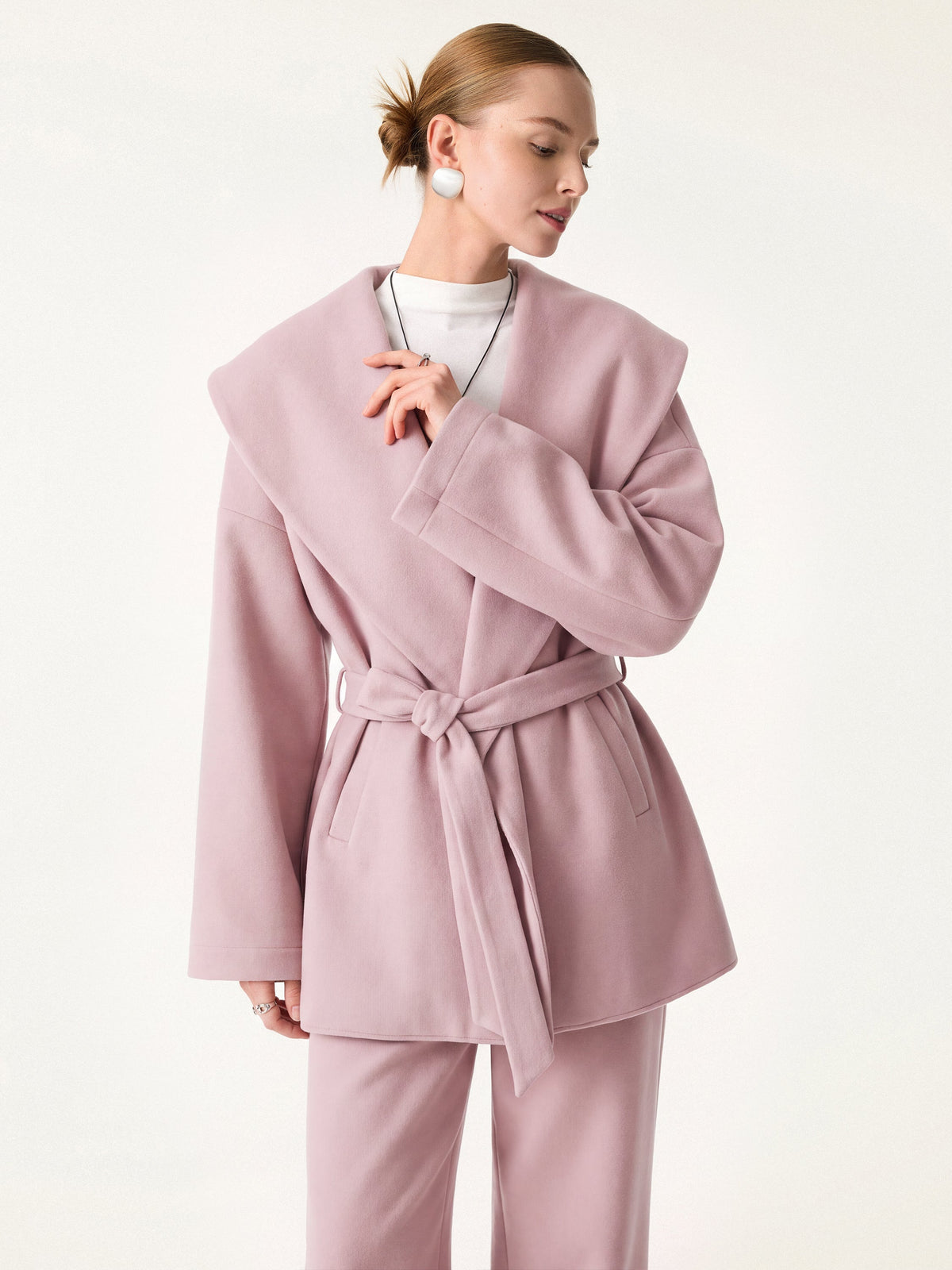 FuzzLuxe Draped Shawl Collar Long Sleeve Belted Jacket