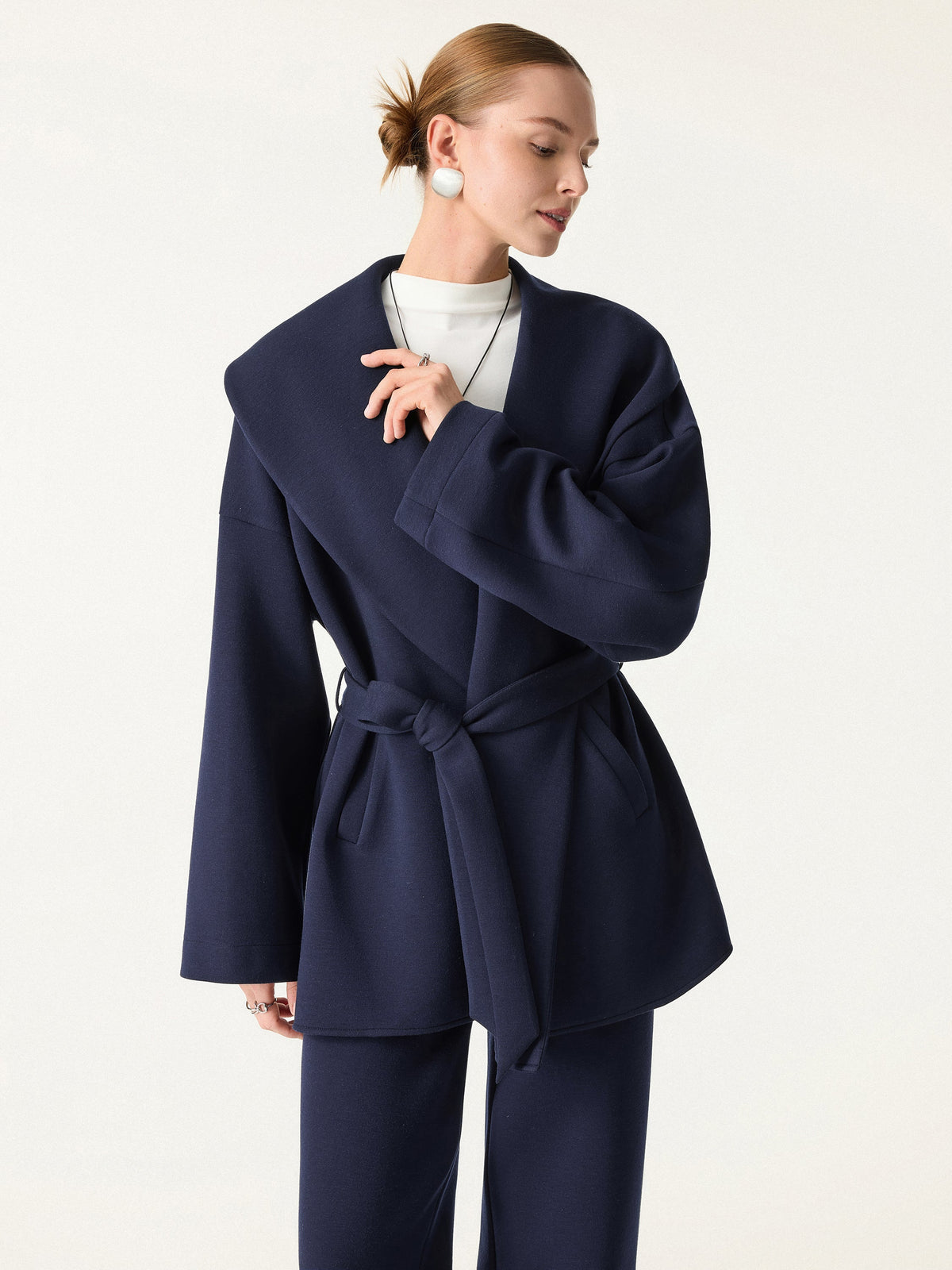 FuzzLuxe Draped Shawl Collar Long Sleeve Belted Jacket