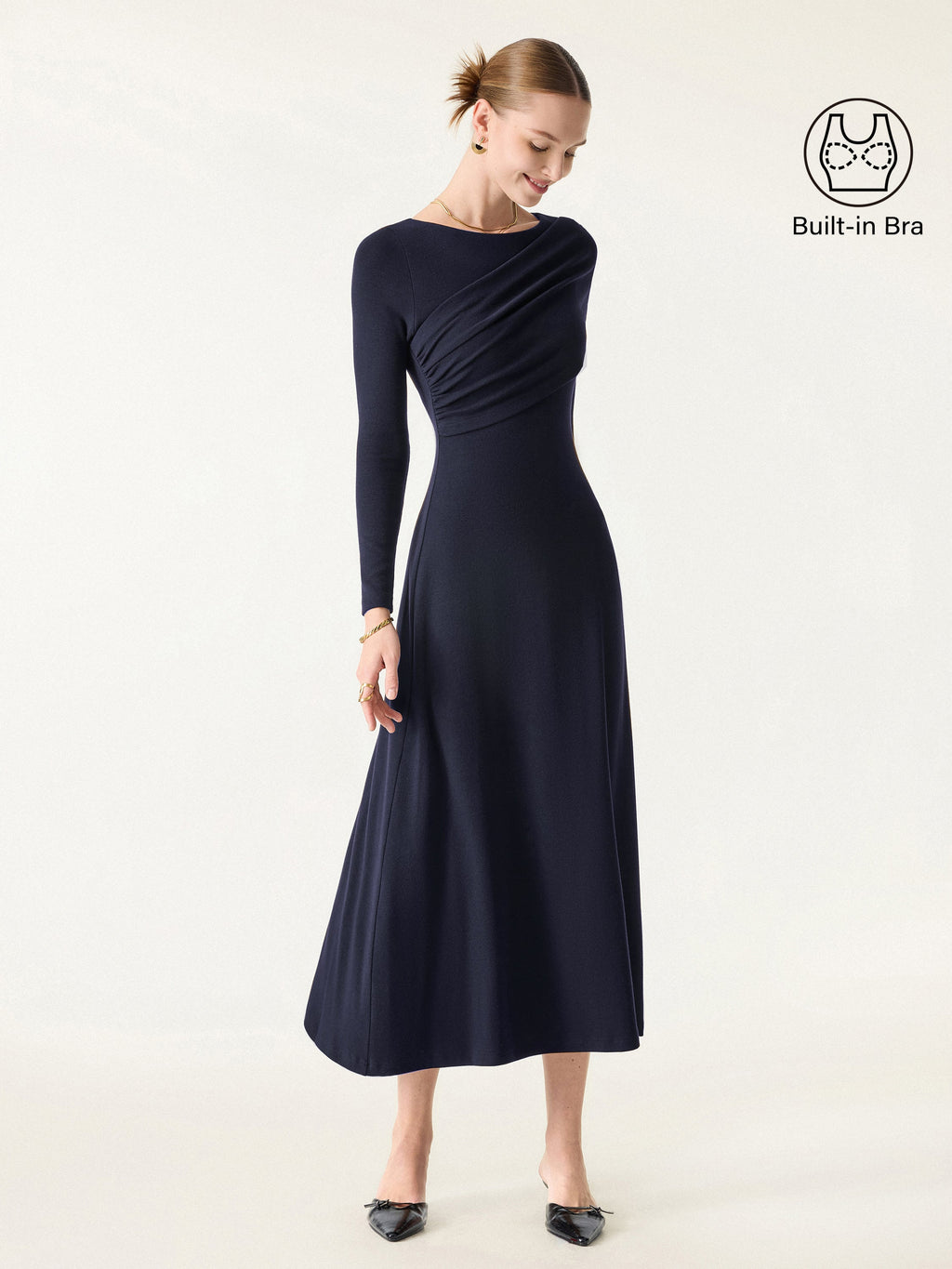 LiteWarm Boatneck Ruched A-Line Midi Built-In Bra Dress 2.0