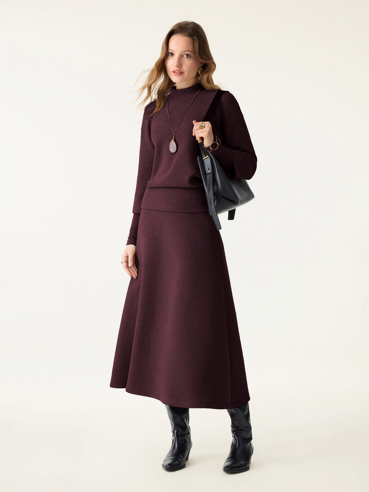 2Pcs Set FuzzLuxe Mockneck Sleeve-Warmer Top &  Midi A-line Circle Skirt